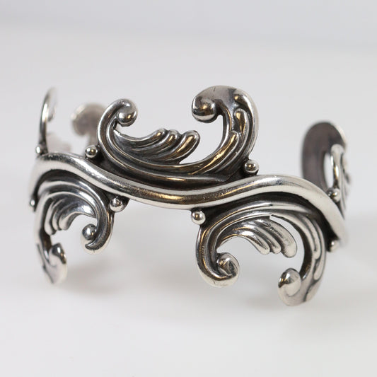 SOLD OUT: Vintage Los Castillo Taxco Silver Mexican Jewelry | Mid-Century Cuff Bracelet with Foliate Trim - Carmel FSJ