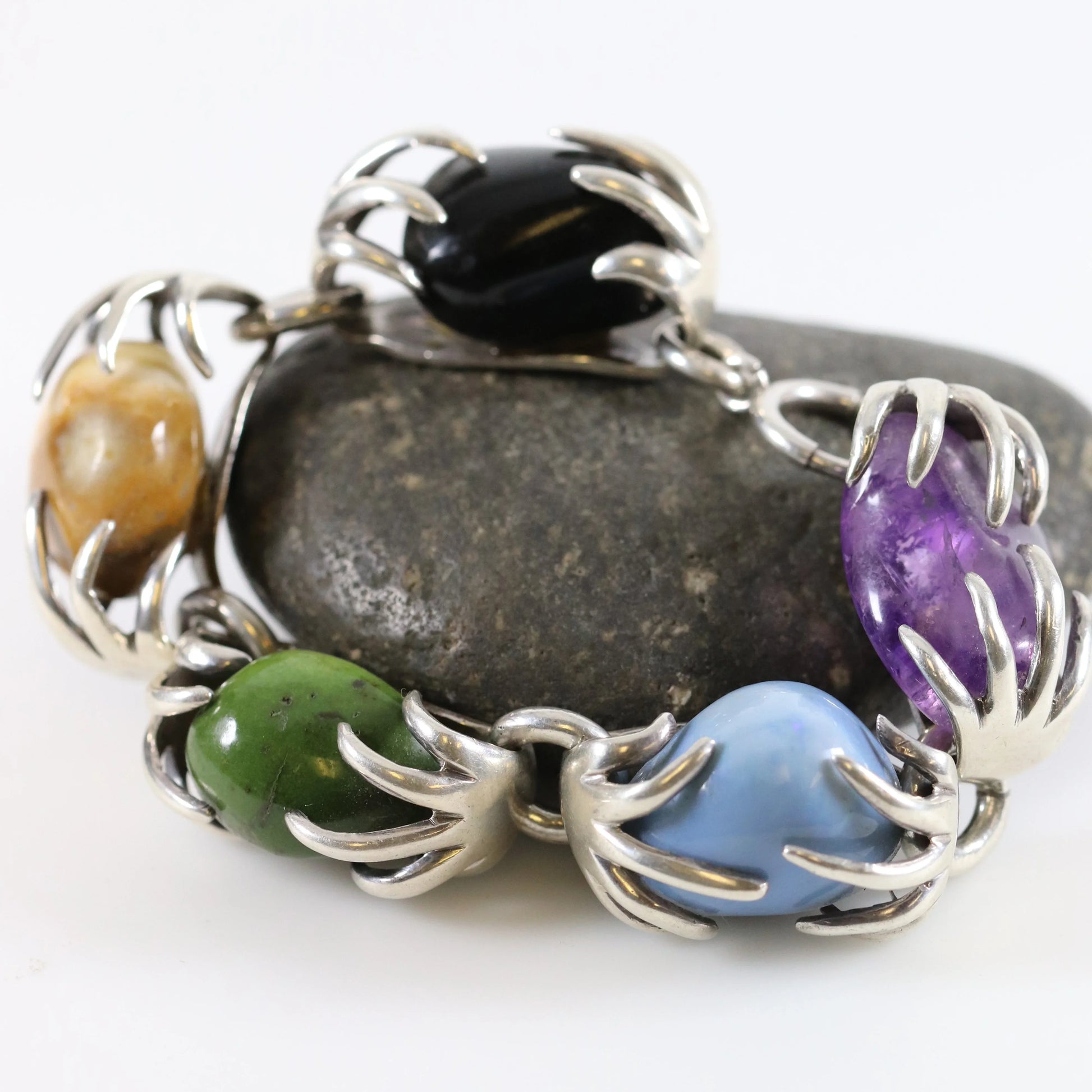 SOLD OUT: Vintage Los Castillo Taxco Silver Mexican Jewelry | Multi-Stone Claw Set Gem Bracelet - Carmel Fine Silver Jewelry