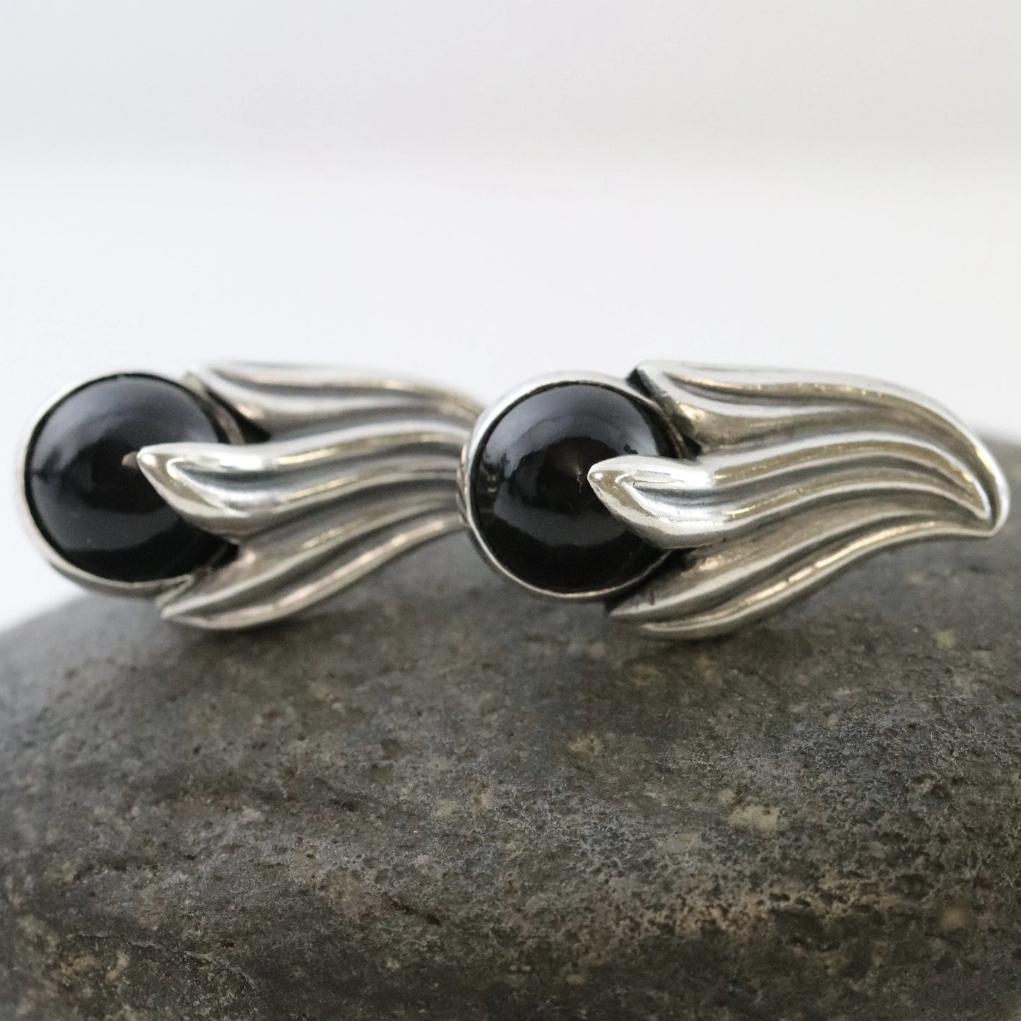 SOLD OUT: Vintage Los Castillo Taxco Silver Mexican Jewelry | Onyx Bell Flower Screwback Earrings - Carmel Fine Silver Jewelry