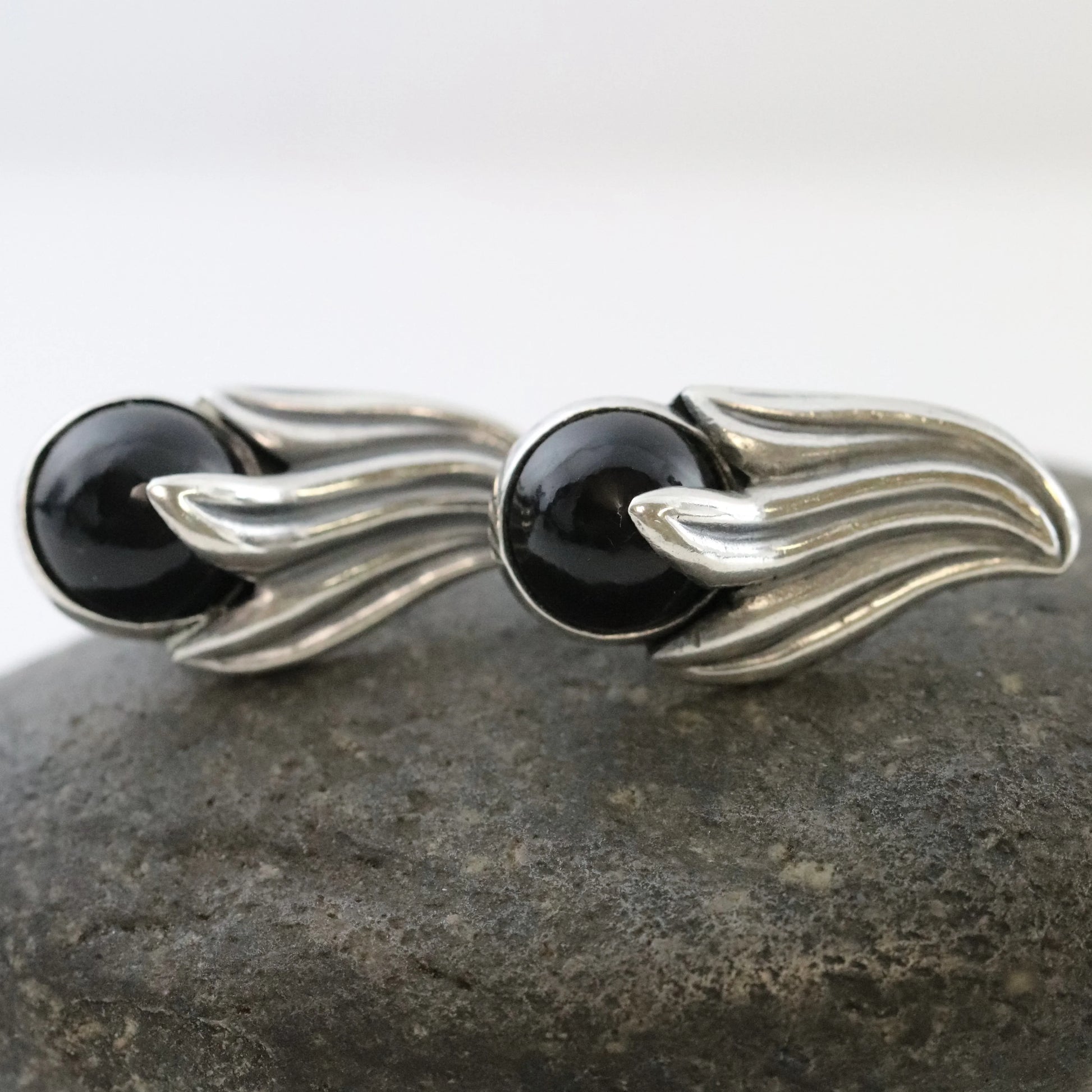 SOLD OUT: Vintage Los Castillo Taxco Silver Mexican Jewelry | Onyx Bell Flower Screwback Earrings - Carmel Fine Silver Jewelry