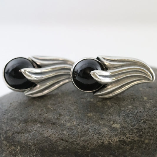 SOLD OUT: Vintage Los Castillo Taxco Silver Mexican Jewelry | Onyx Bell Flower Screwback Earrings - Carmel Fine Silver Jewelry