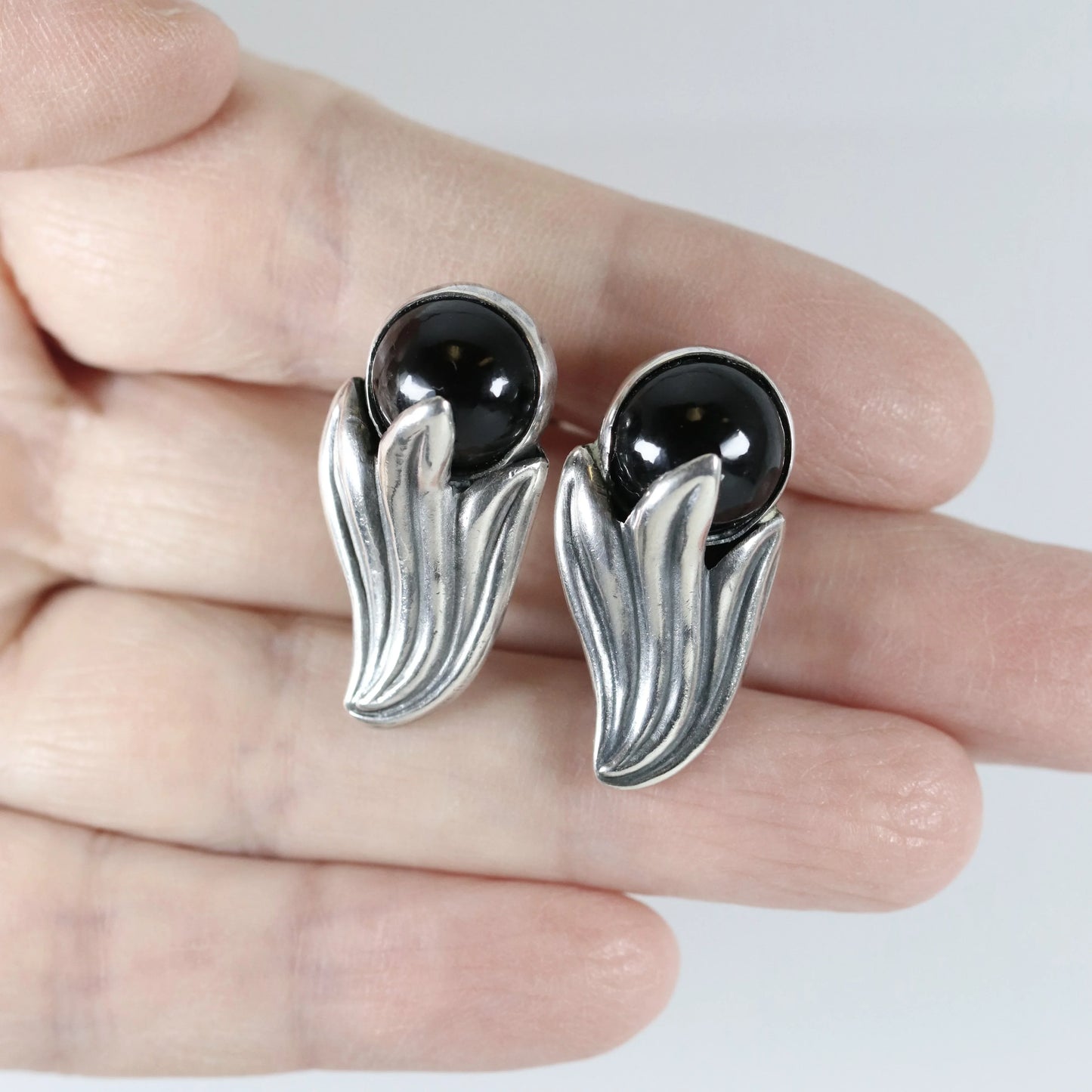 SOLD OUT: Vintage Los Castillo Taxco Silver Mexican Jewelry | Onyx Bell Flower Screwback Earrings - Carmel Fine Silver Jewelry