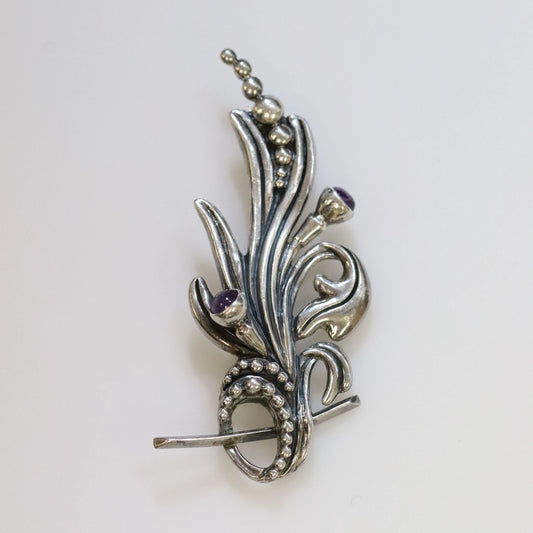 SOLD OUT: Vintage Margot de Taxco Mexican Jewelry | Ornate Amethyst Floral Brooch - Carmel Fine Silver Jewelry