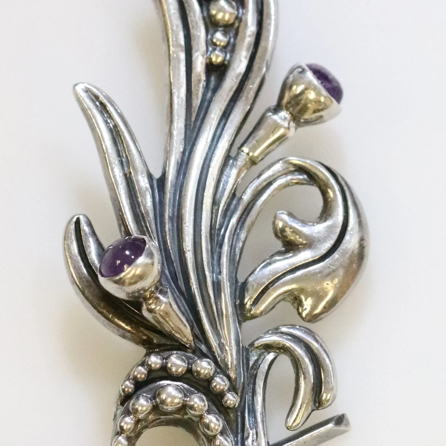 SOLD OUT: Vintage Margot de Taxco Mexican Jewelry | Ornate Amethyst Floral Brooch - Carmel Fine Silver Jewelry