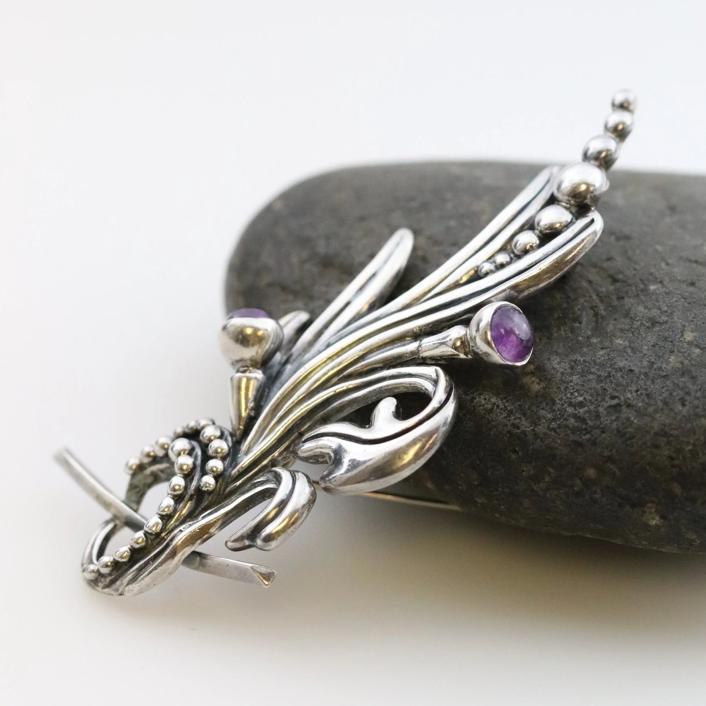 SOLD OUT: Vintage Margot de Taxco Mexican Jewelry | Ornate Amethyst Floral Brooch - Carmel Fine Silver Jewelry
