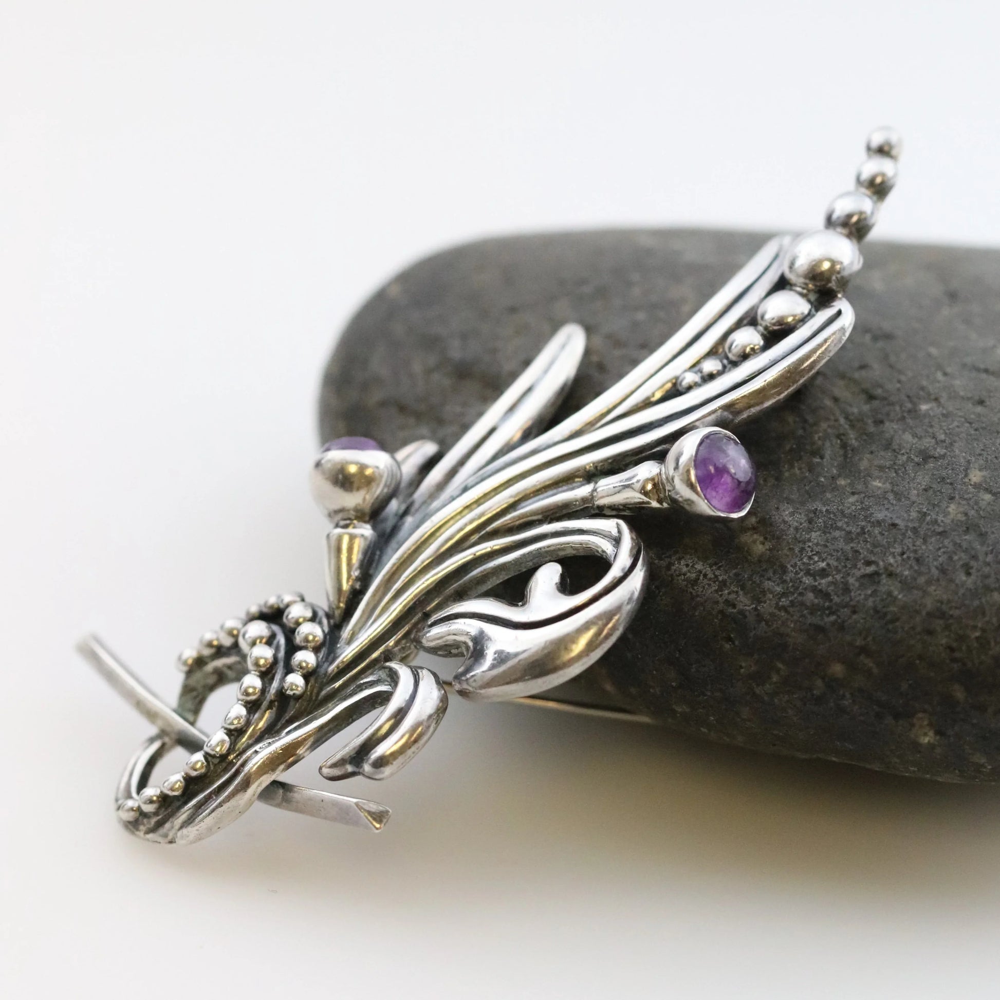 SOLD OUT: Vintage Margot de Taxco Mexican Jewelry | Ornate Amethyst Floral Brooch - Carmel Fine Silver Jewelry