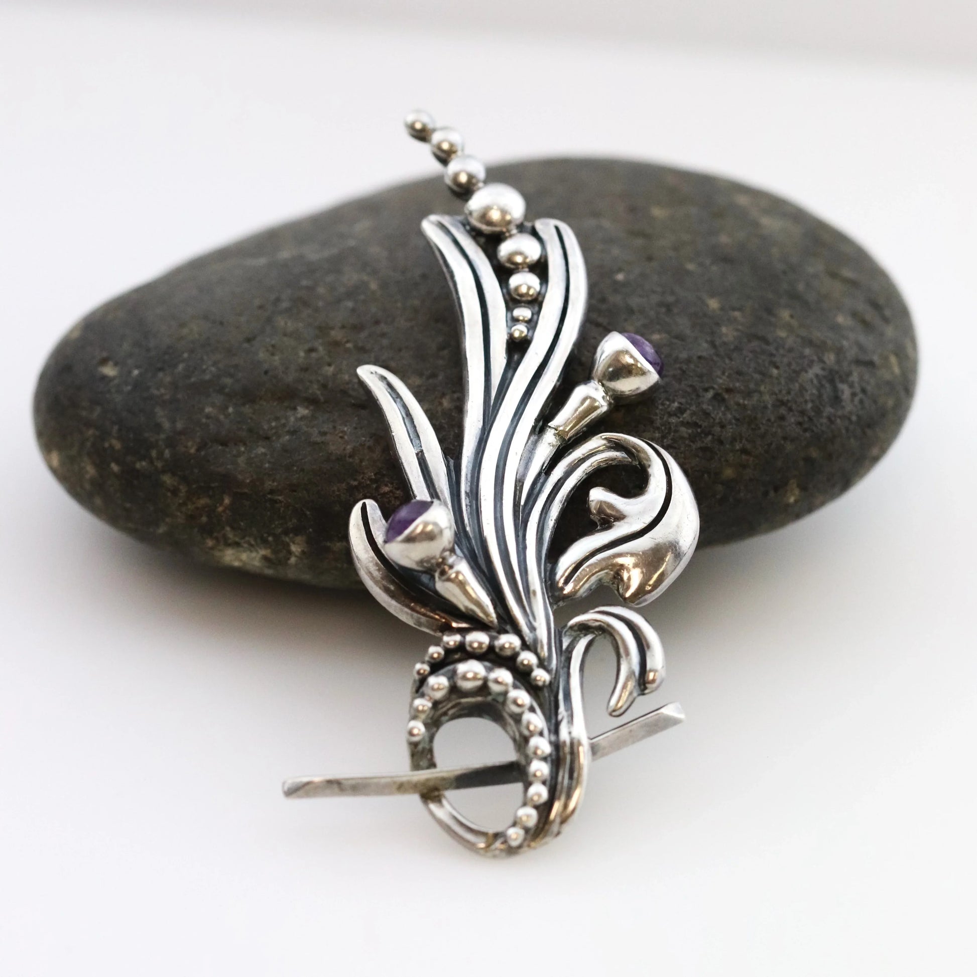 SOLD OUT: Vintage Margot de Taxco Mexican Jewelry | Ornate Amethyst Floral Brooch - Carmel Fine Silver Jewelry