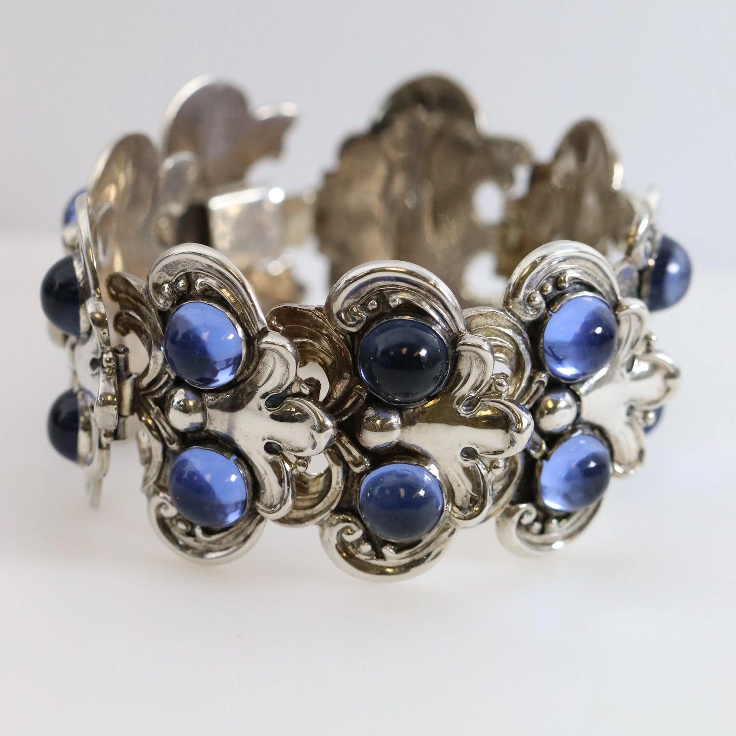 SOLD OUT: Vintage Margot de Taxco Silver Mexican Jewelry | Blue Glass Floral Bracelet 5513 - Carmel Fine Silver Jewelry