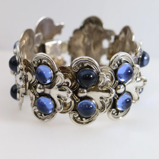 SOLD OUT: Vintage Margot de Taxco Silver Mexican Jewelry | Blue Glass Floral Bracelet 5513 - Carmel Fine Silver Jewelry