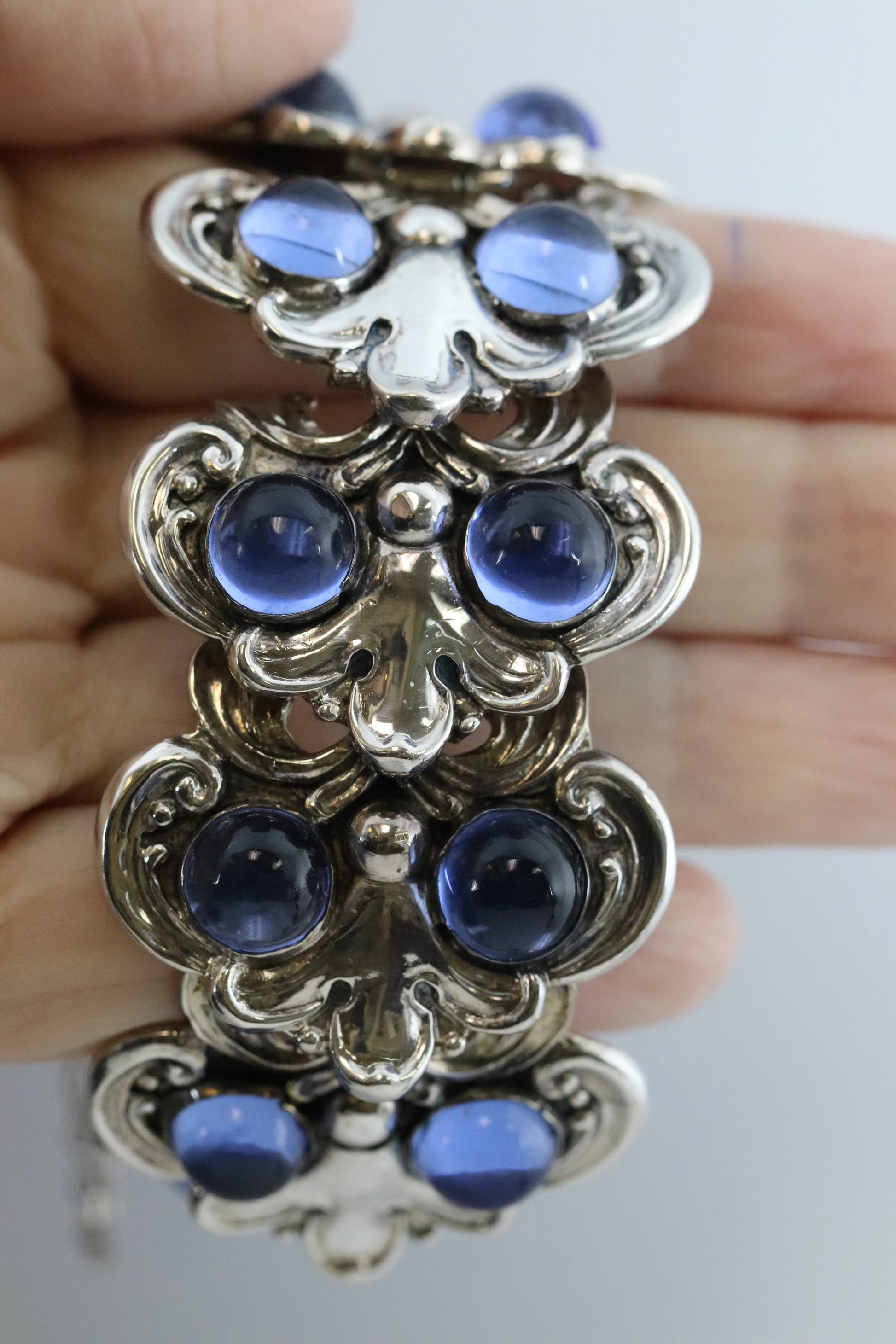 SOLD OUT: Vintage Margot de Taxco Silver Mexican Jewelry | Blue Glass Floral Bracelet 5513 - Carmel Fine Silver Jewelry