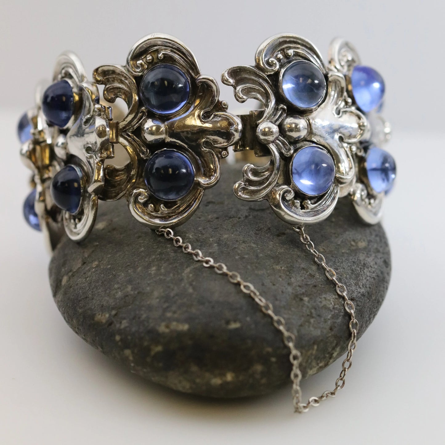 SOLD OUT: Vintage Margot de Taxco Silver Mexican Jewelry | Blue Glass Floral Bracelet 5513 - Carmel Fine Silver Jewelry
