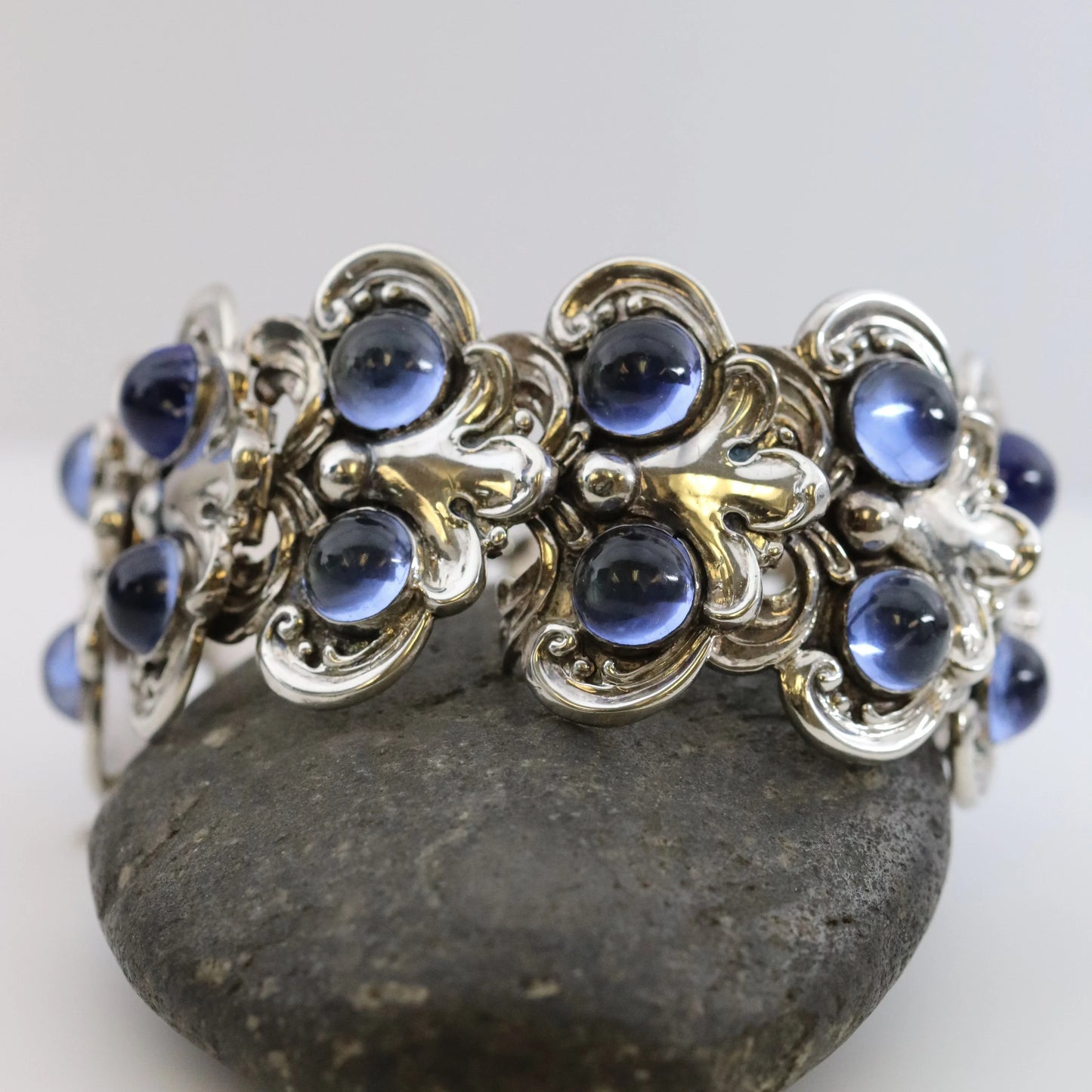 SOLD OUT: Vintage Margot de Taxco Silver Mexican Jewelry | Blue Glass Floral Bracelet 5513 - Carmel Fine Silver Jewelry