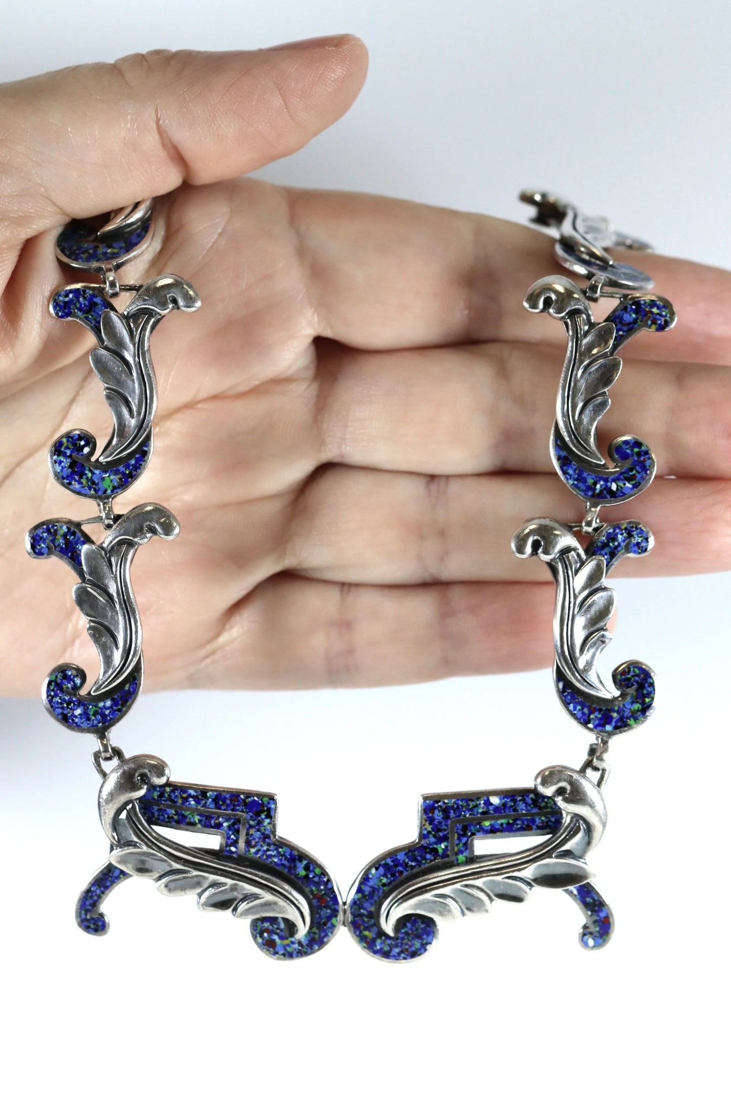 SOLD OUT: Vintage Margot de Taxco Silver Mexican Jewelry | Mid-Century Blue Confetti Enamel Necklace - Carmel Fine Silver Jewelry