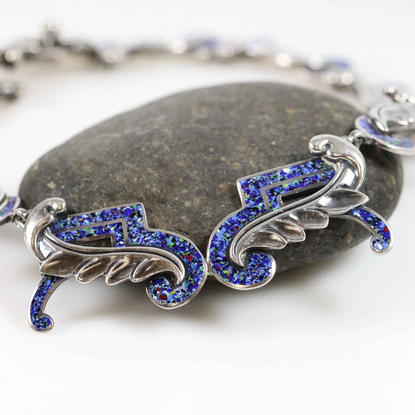 SOLD OUT: Vintage Margot de Taxco Silver Mexican Jewelry | Mid-Century Blue Confetti Enamel Necklace - Carmel Fine Silver Jewelry