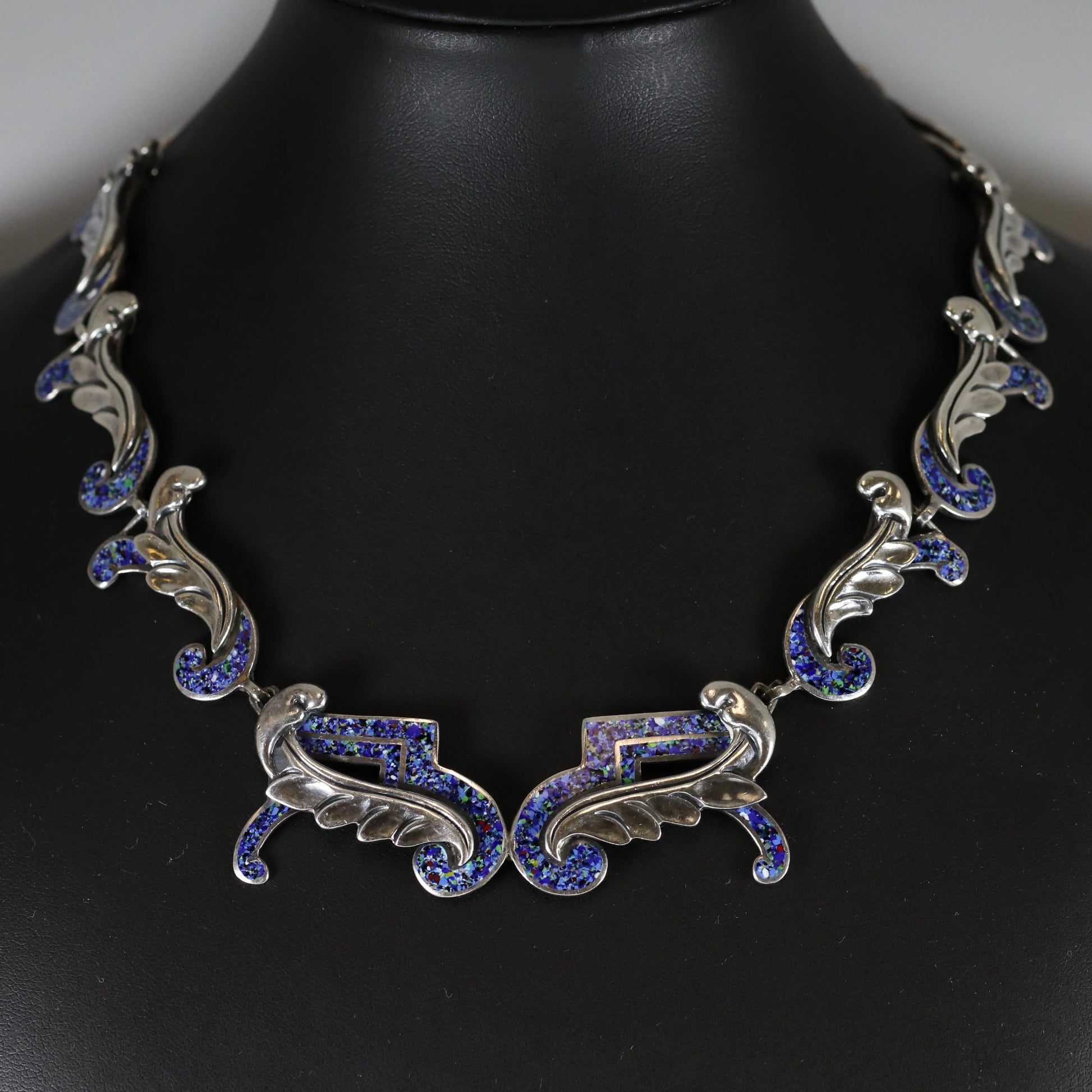 SOLD OUT: Vintage Margot de Taxco Silver Mexican Jewelry | Mid-Century Blue Confetti Enamel Necklace - Carmel Fine Silver Jewelry