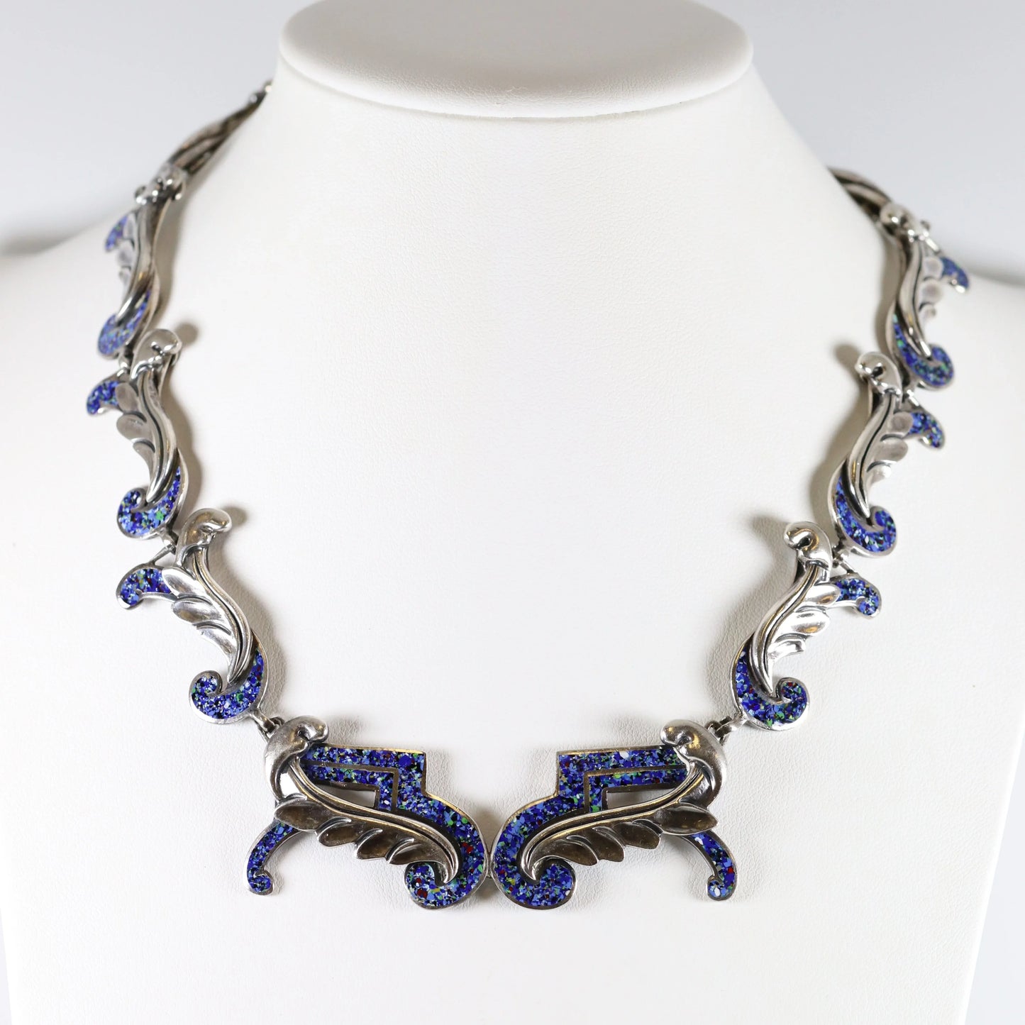 SOLD OUT: Vintage Margot de Taxco Silver Mexican Jewelry | Mid-Century Blue Confetti Enamel Necklace - Carmel Fine Silver Jewelry