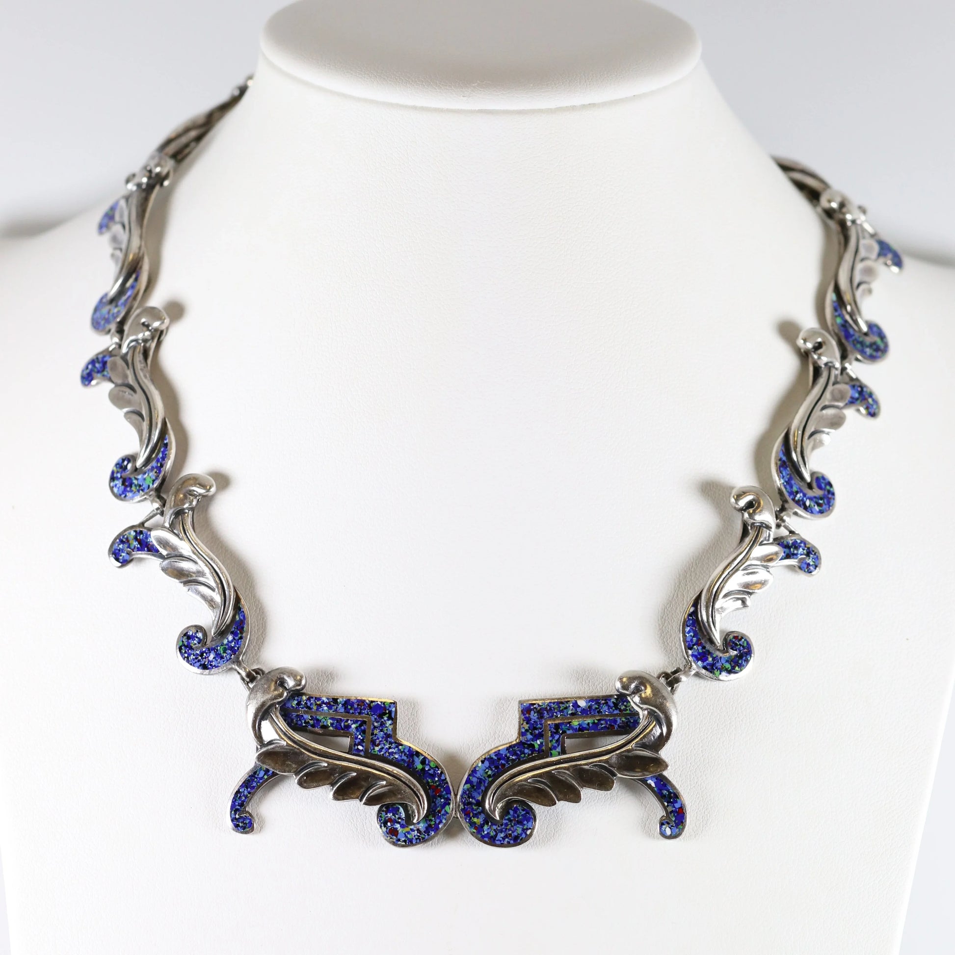 SOLD OUT: Vintage Margot de Taxco Silver Mexican Jewelry | Mid-Century Blue Confetti Enamel Necklace - Carmel Fine Silver Jewelry