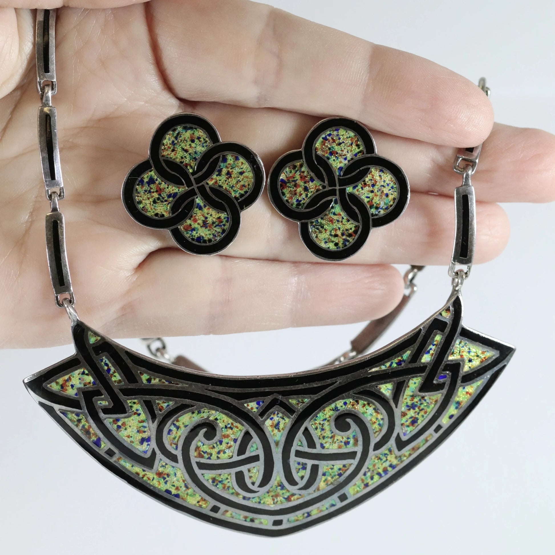 SOLD OUT: Vintage Margot de Taxco Silver Mexican Jewelry | Mid-Century Geometric Jewelry Set with Necklace or Brooch and Earrings - Carmel Fine Silver Jewelry