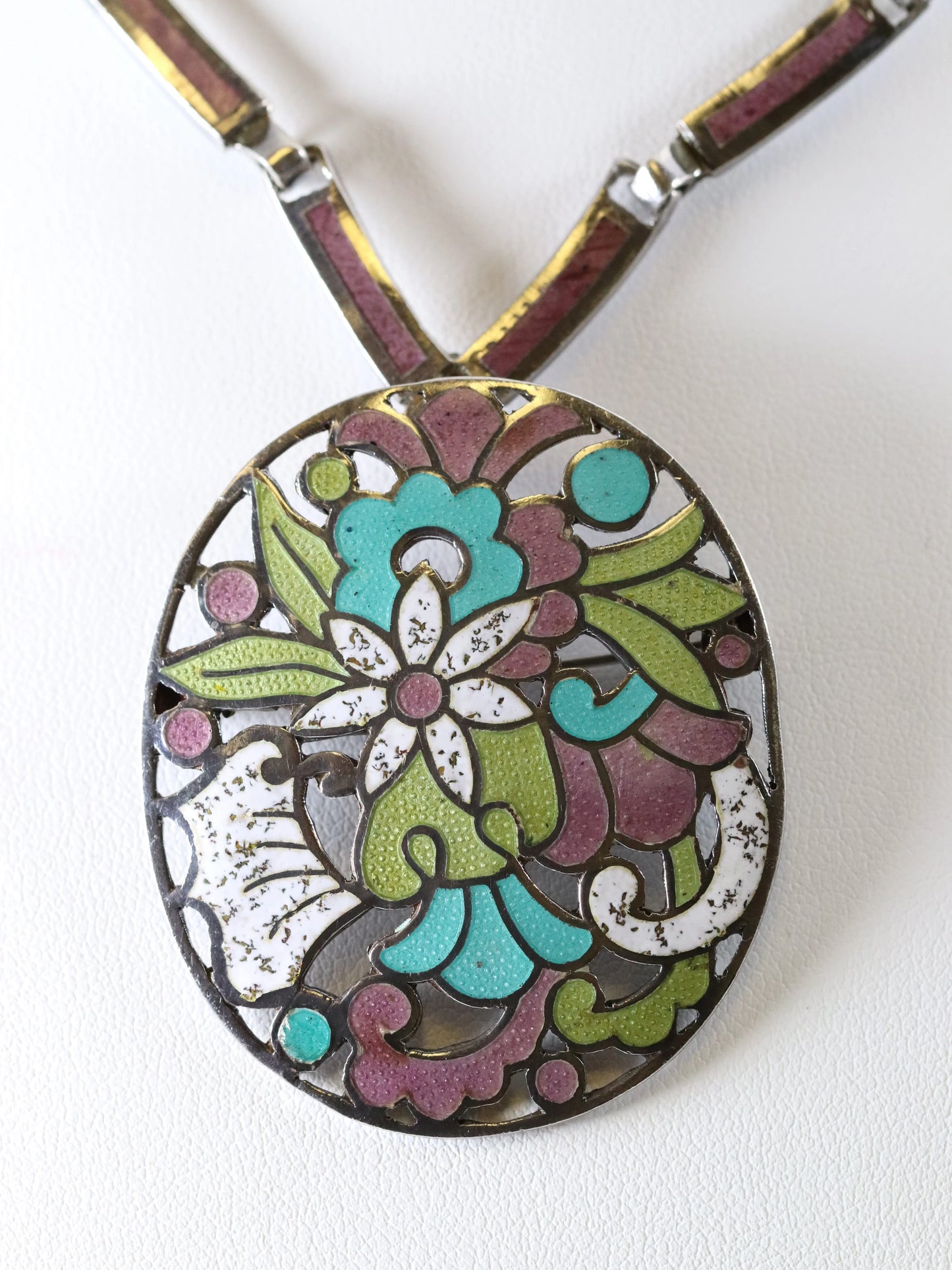 SOLD OUT: Vintage Margot de Taxco Silver Mexican Jewelry | Mid-Century Mauve Enamel Pendant/Brooch Necklace - Carmel Fine Silver Jewelry