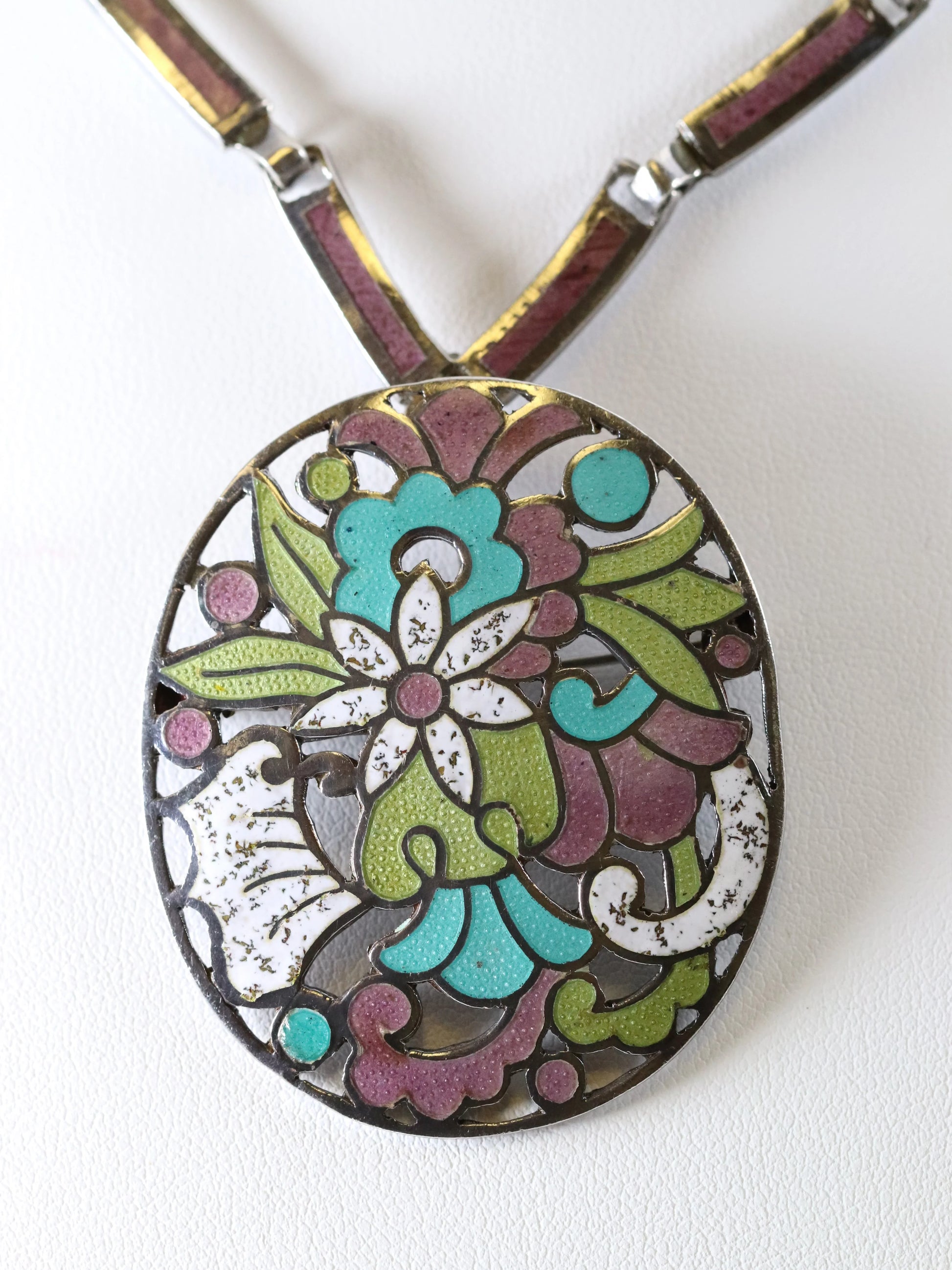 SOLD OUT: Vintage Margot de Taxco Silver Mexican Jewelry | Mid-Century Mauve Enamel Pendant/Brooch Necklace - Carmel Fine Silver Jewelry