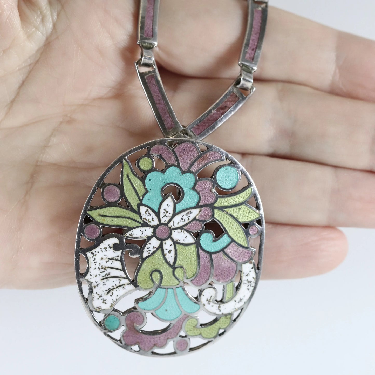 SOLD OUT: Vintage Margot de Taxco Silver Mexican Jewelry | Mid-Century Mauve Enamel Pendant/Brooch Necklace - Carmel Fine Silver Jewelry