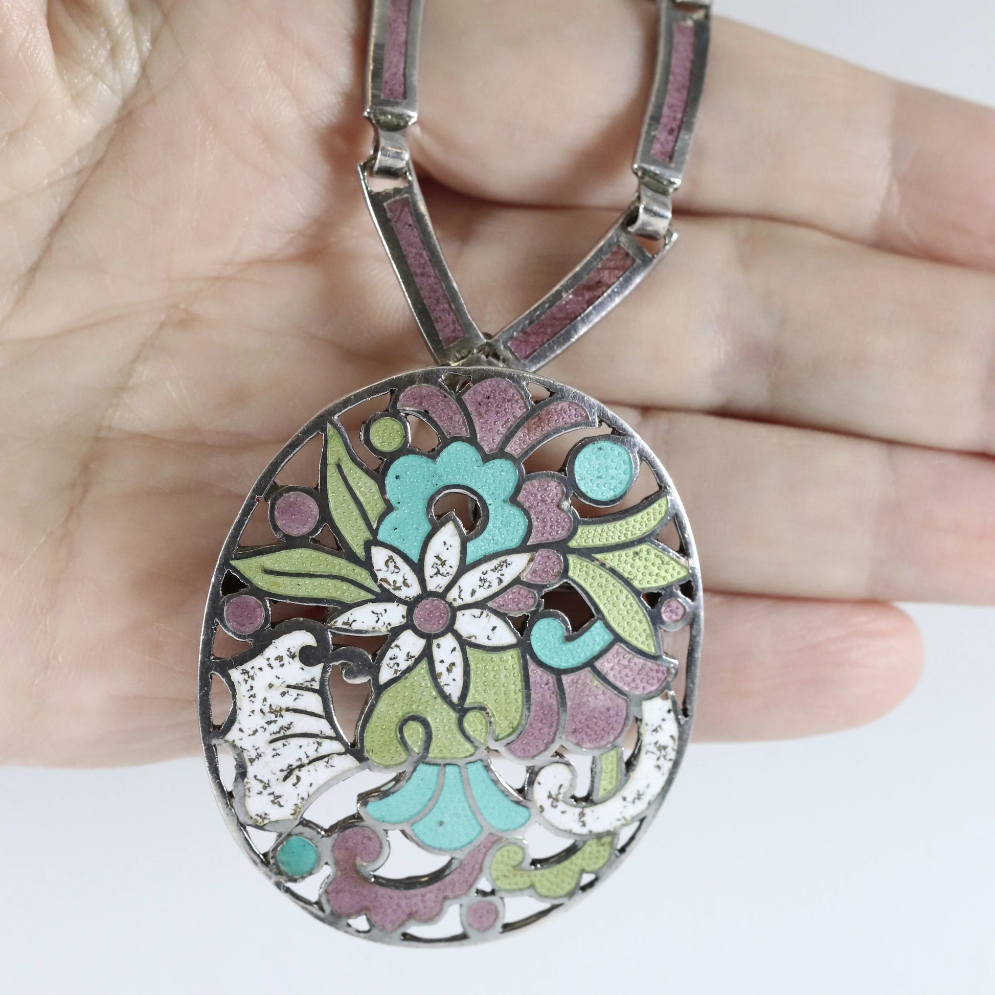 SOLD OUT: Vintage Margot de Taxco Silver Mexican Jewelry | Mid-Century Mauve Enamel Pendant/Brooch Necklace - Carmel Fine Silver Jewelry