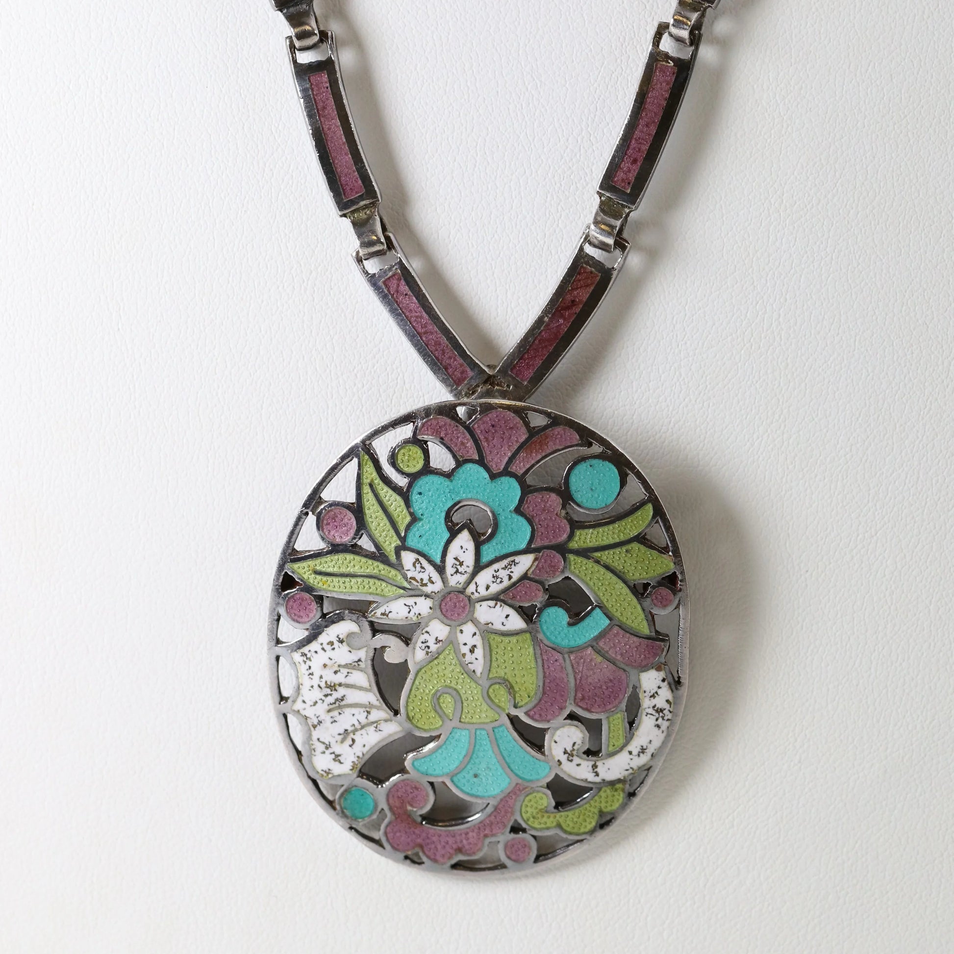 SOLD OUT: Vintage Margot de Taxco Silver Mexican Jewelry | Mid-Century Mauve Enamel Pendant/Brooch Necklace - Carmel Fine Silver Jewelry