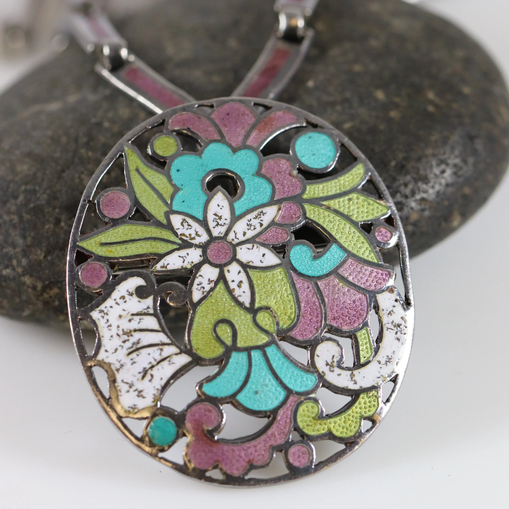 SOLD OUT: Vintage Margot de Taxco Silver Mexican Jewelry | Mid-Century Mauve Enamel Pendant/Brooch Necklace - Carmel Fine Silver Jewelry