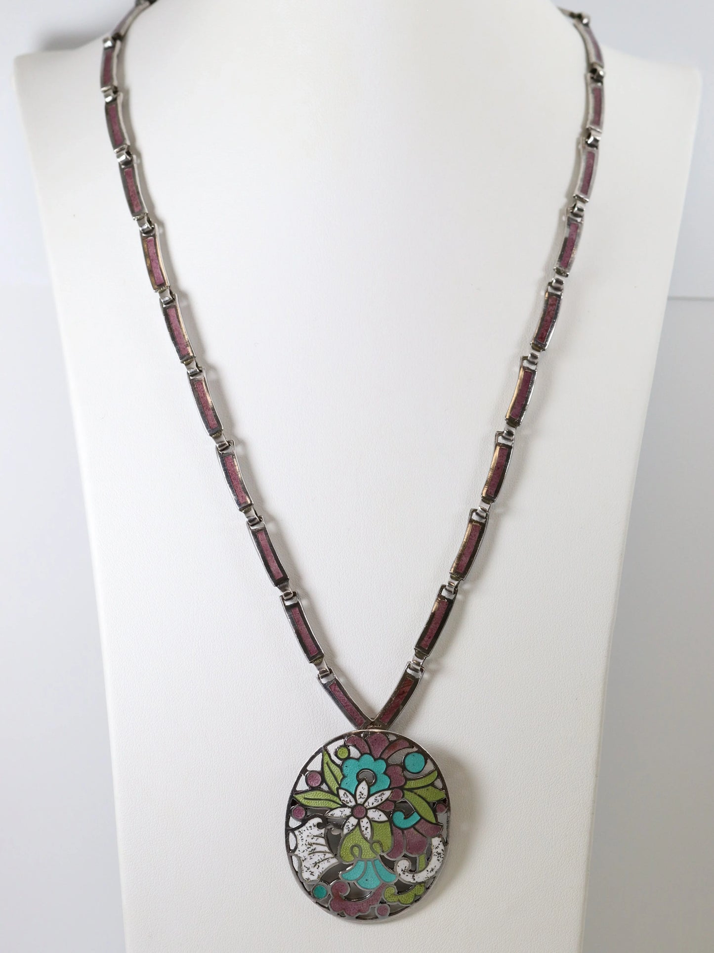 SOLD OUT: Vintage Margot de Taxco Silver Mexican Jewelry | Mid-Century Mauve Enamel Pendant/Brooch Necklace - Carmel Fine Silver Jewelry
