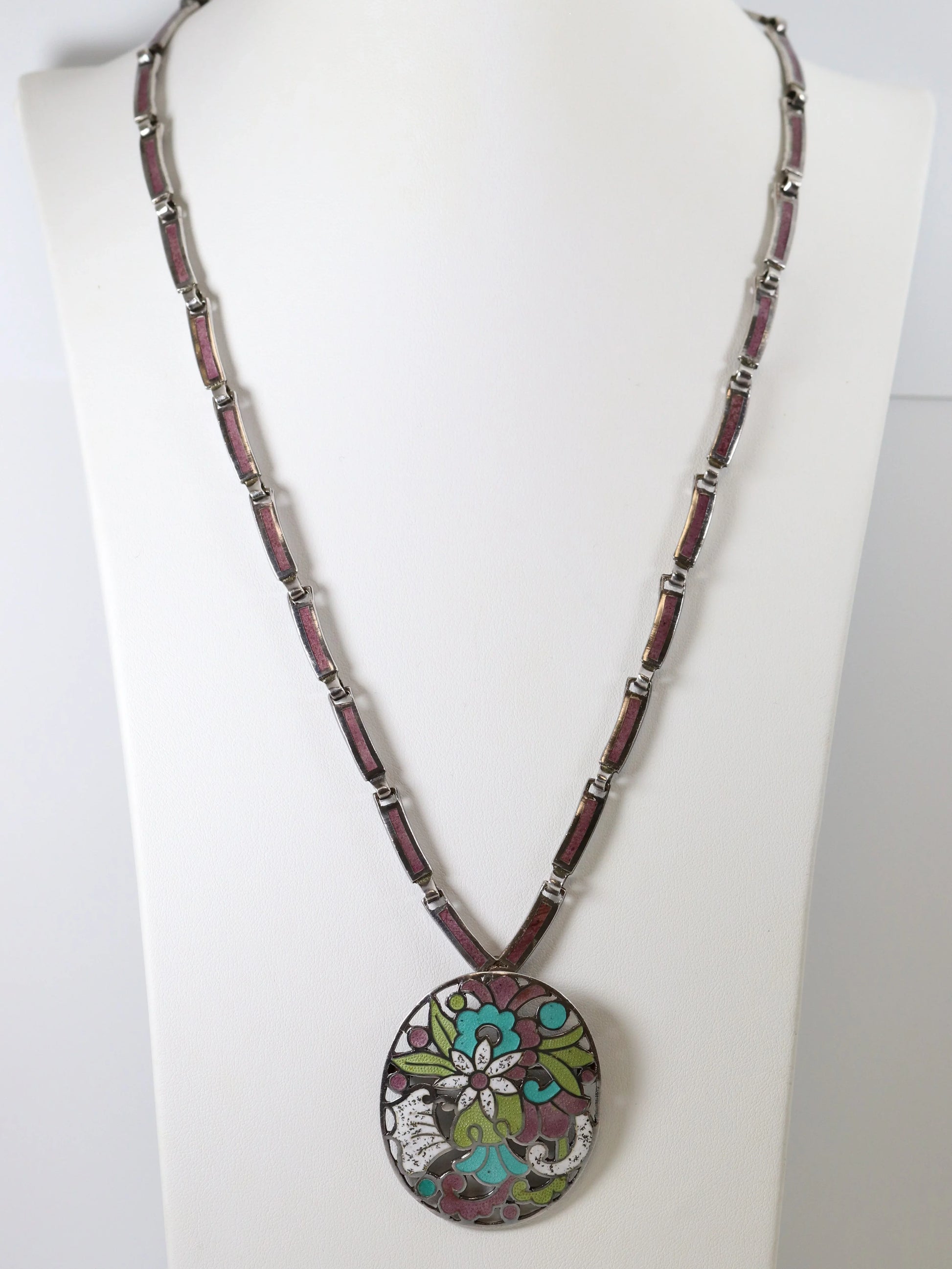 SOLD OUT: Vintage Margot de Taxco Silver Mexican Jewelry | Mid-Century Mauve Enamel Pendant/Brooch Necklace - Carmel Fine Silver Jewelry