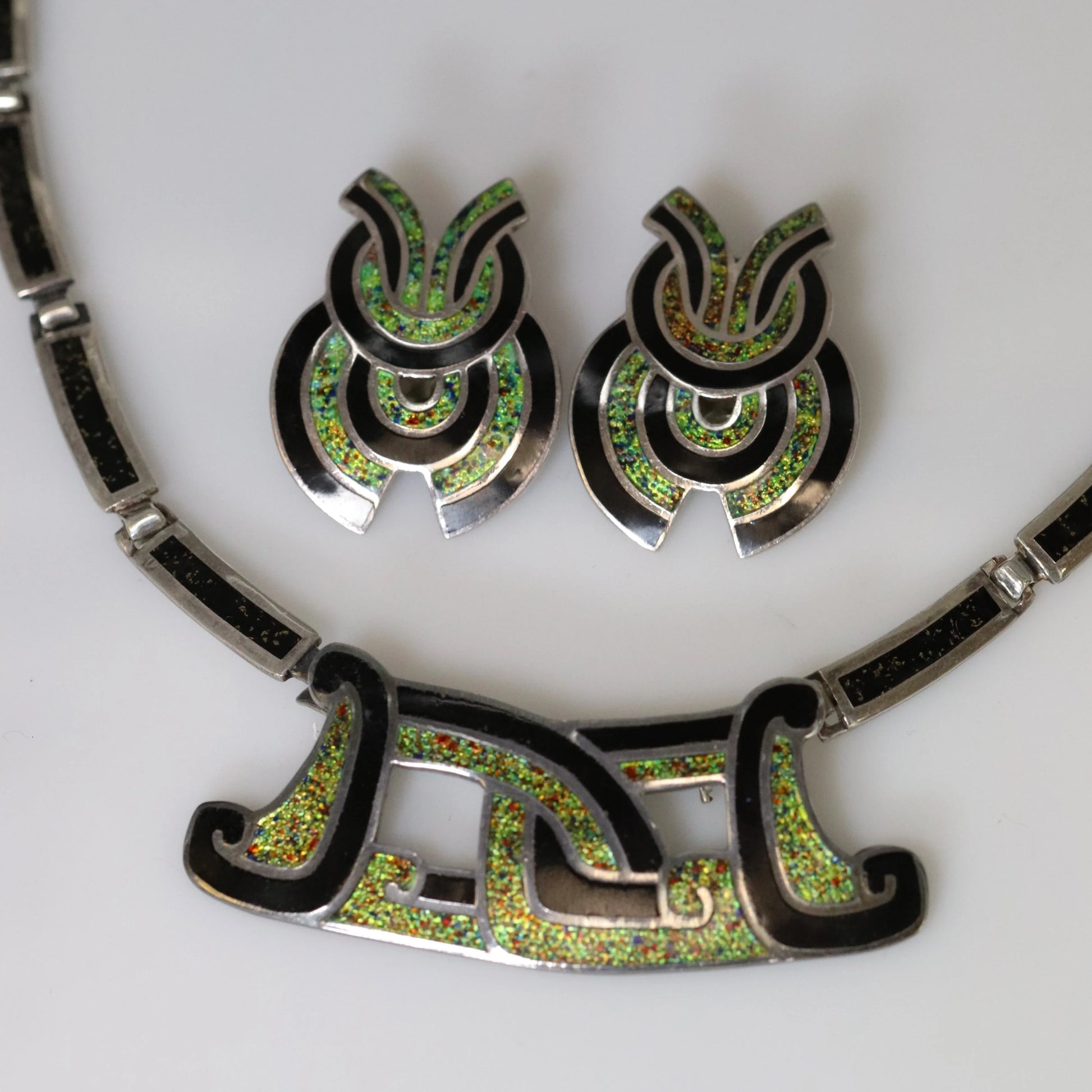SOLD OUT: Vintage Margot de Taxco Silver Mexican Jewelry | Taxco Sterling and Enamel Necklace/Brooch and Earrings Jewelry Set - Carmel Fine Silver Jewelry