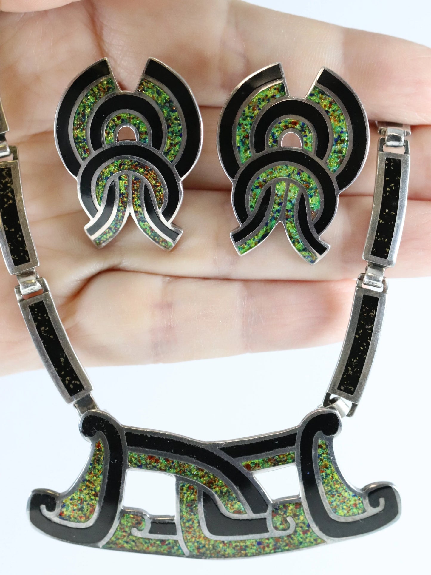 SOLD OUT: Vintage Margot de Taxco Silver Mexican Jewelry | Taxco Sterling and Enamel Necklace/Brooch and Earrings Jewelry Set - Carmel Fine Silver Jewelry