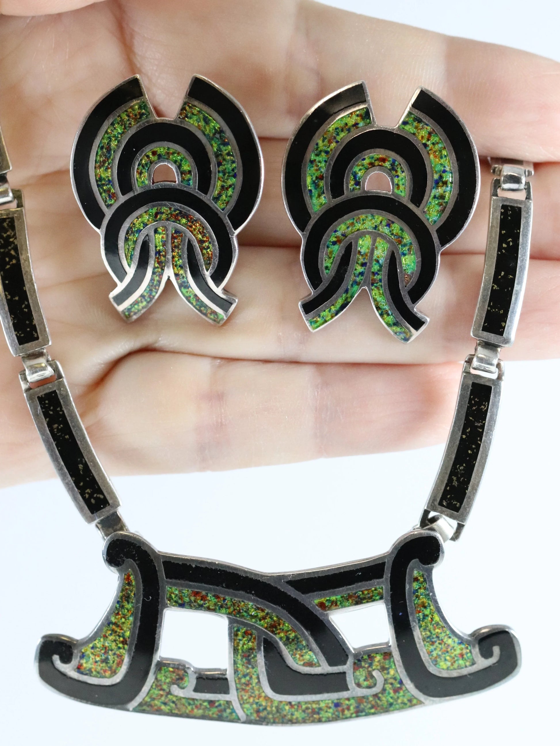 SOLD OUT: Vintage Margot de Taxco Silver Mexican Jewelry | Taxco Sterling and Enamel Necklace/Brooch and Earrings Jewelry Set - Carmel Fine Silver Jewelry