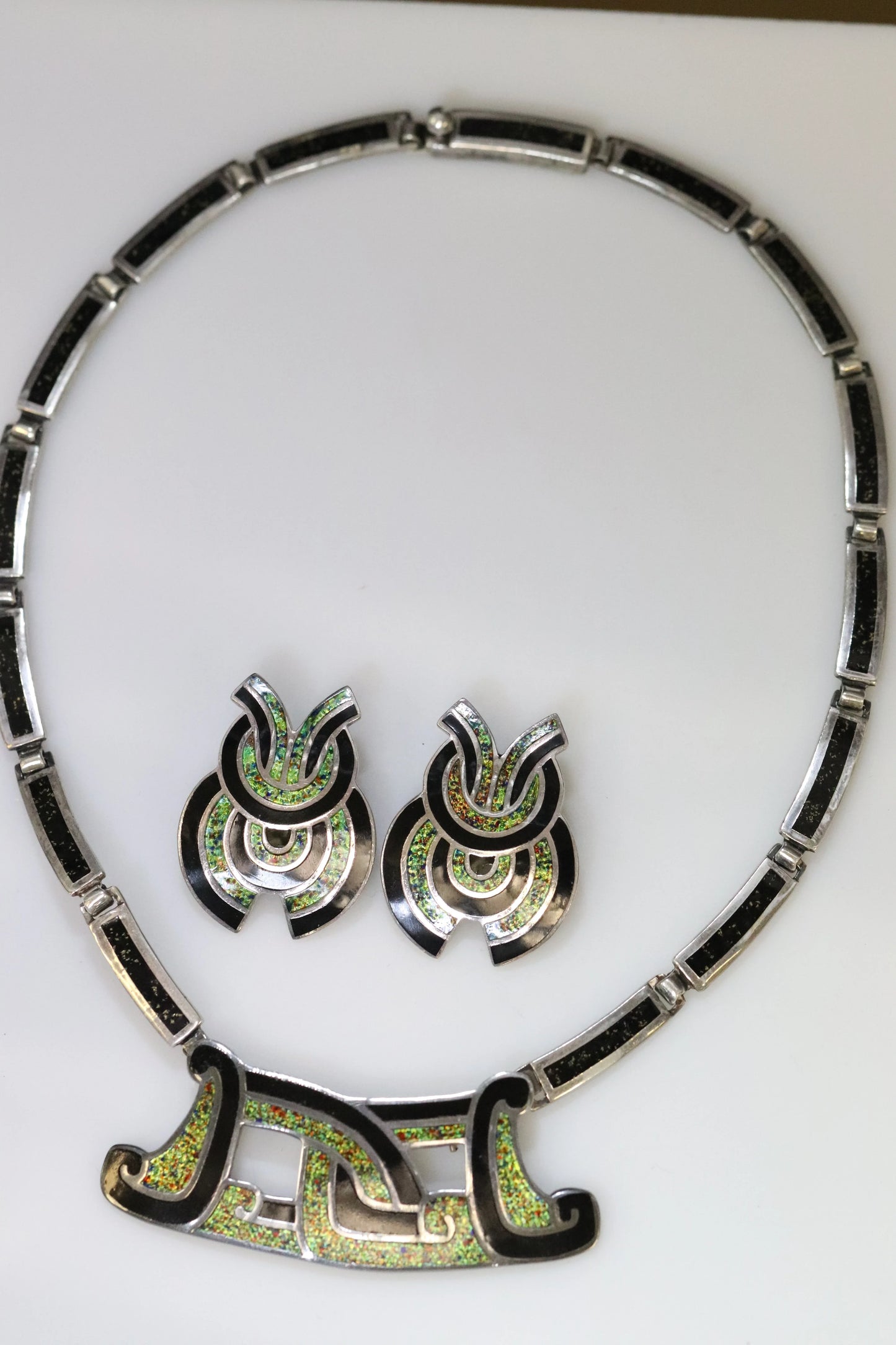 SOLD OUT: Vintage Margot de Taxco Silver Mexican Jewelry | Taxco Sterling and Enamel Necklace/Brooch and Earrings Jewelry Set - Carmel Fine Silver Jewelry