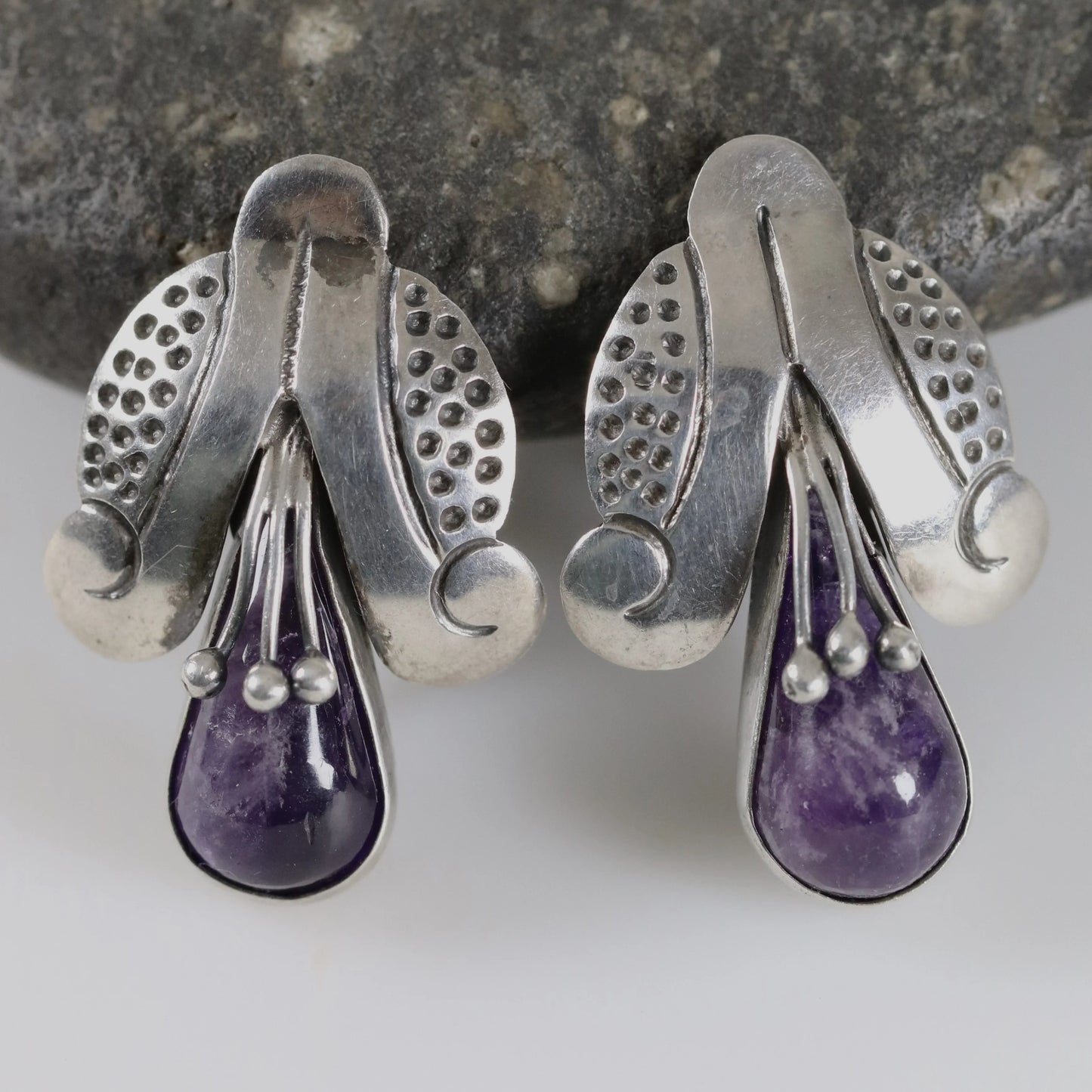 SOLD OUT: Vintage Mexican Jewelry | Tribal Amethyst Earrings Sterling Silver Pre-Eagle Mark - Carmel Fine Silver Jewelry