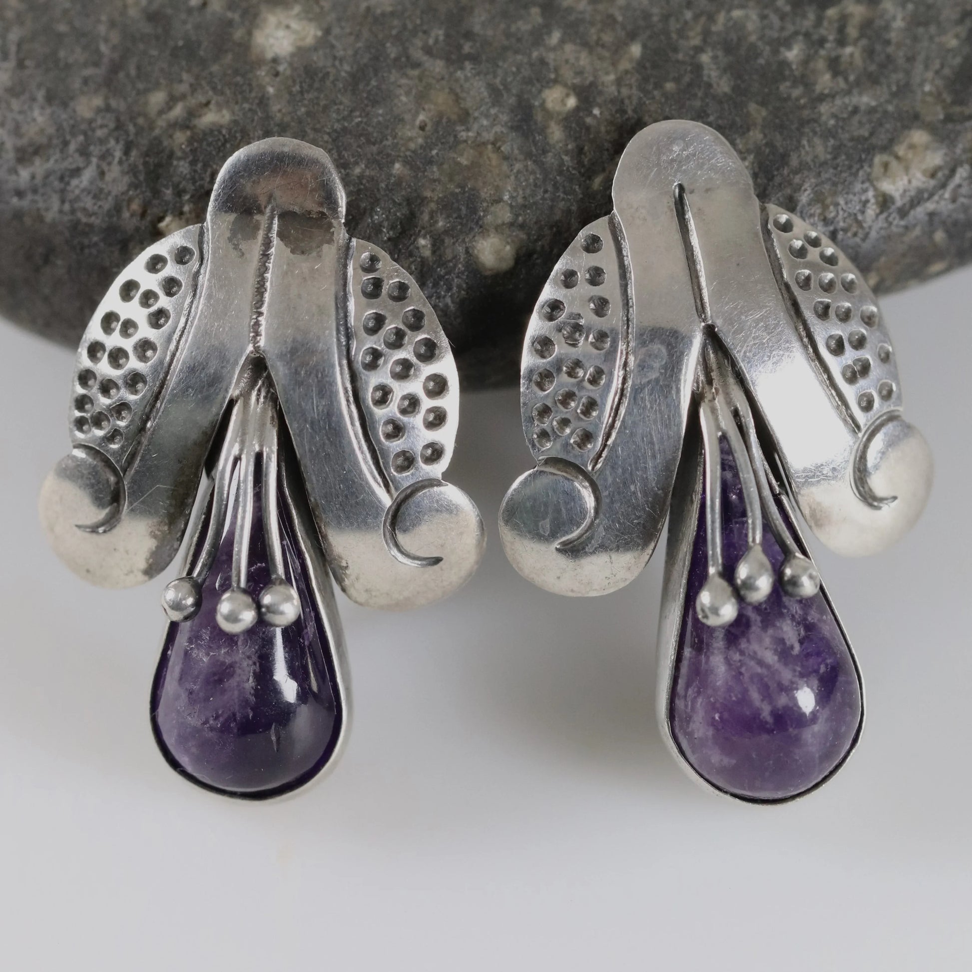 SOLD OUT: Vintage Mexican Jewelry | Tribal Amethyst Earrings Sterling Silver Pre-Eagle Mark - Carmel Fine Silver Jewelry