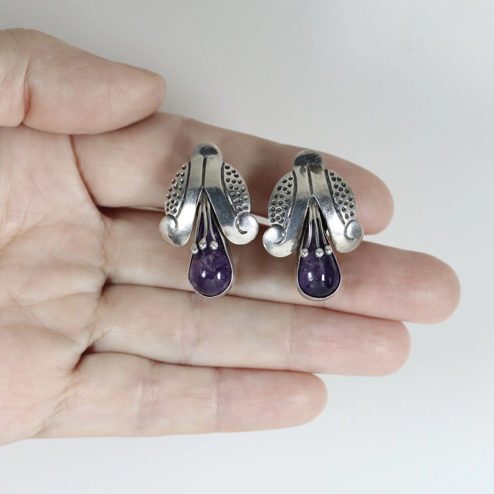SOLD OUT: Vintage Mexican Jewelry | Tribal Amethyst Earrings Sterling Silver Pre-Eagle Mark - Carmel Fine Silver Jewelry