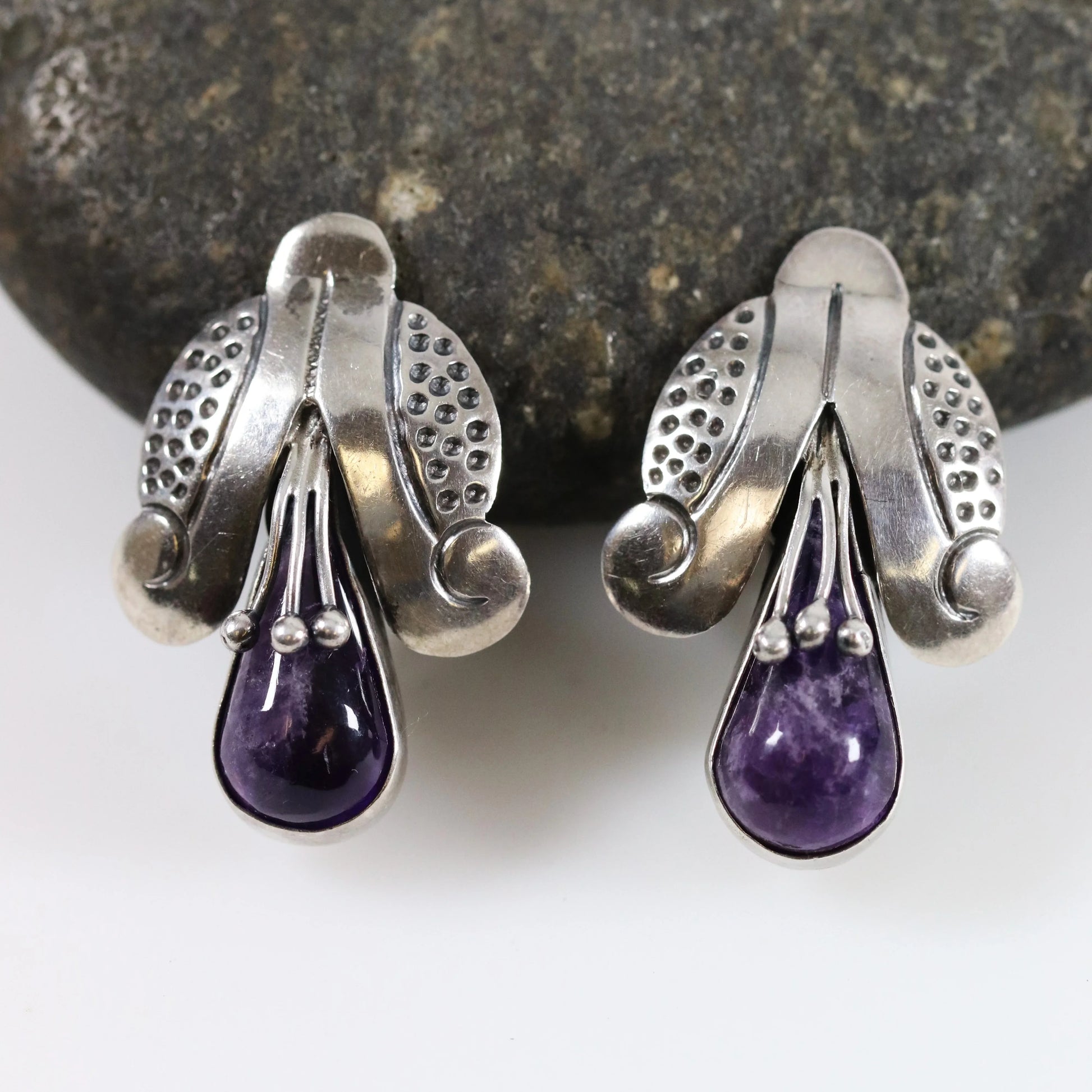 SOLD OUT: Vintage Mexican Jewelry | Tribal Amethyst Earrings Sterling Silver Pre-Eagle Mark - Carmel Fine Silver Jewelry