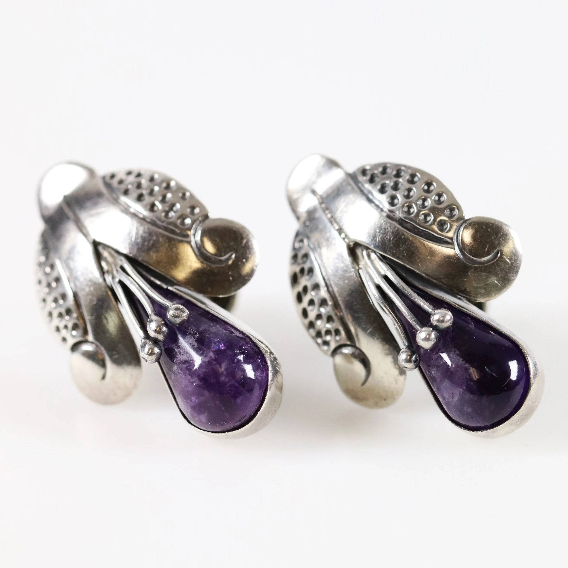SOLD OUT: Vintage Mexican Jewelry | Tribal Amethyst Earrings Sterling Silver Pre-Eagle Mark - Carmel Fine Silver Jewelry
