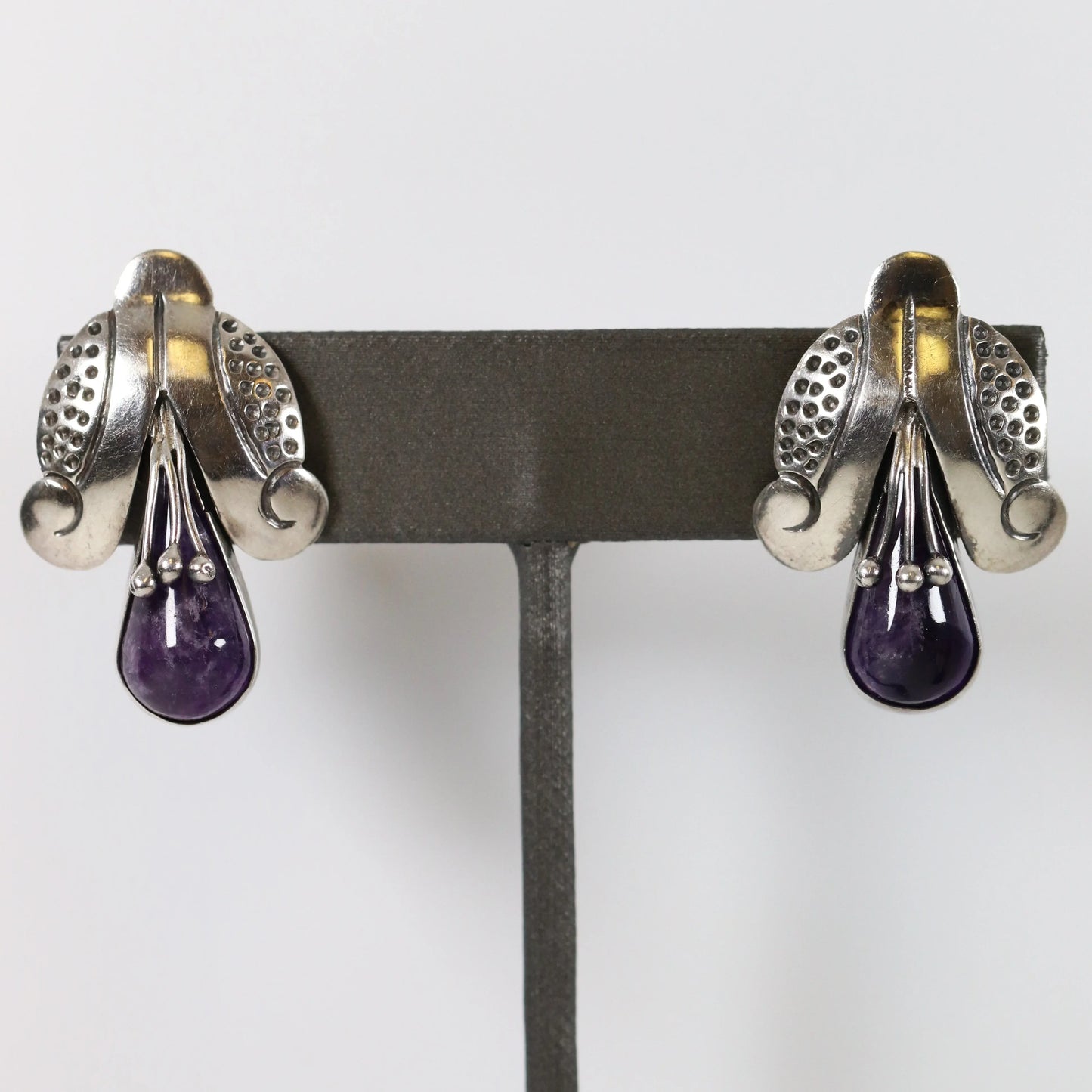 SOLD OUT: Vintage Mexican Jewelry | Tribal Amethyst Earrings Sterling Silver Pre-Eagle Mark - Carmel Fine Silver Jewelry