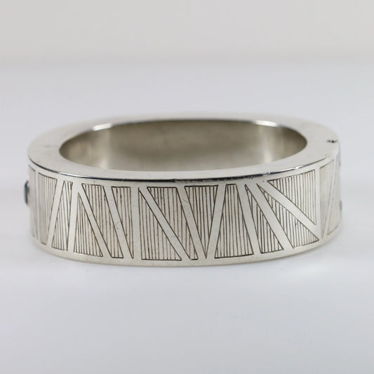SOLD OUT: Vintage Modernist Silver Jewelry | Aquamarine Etched Modernist Hinged Bracelet - Carmel Fine Silver Jewelry