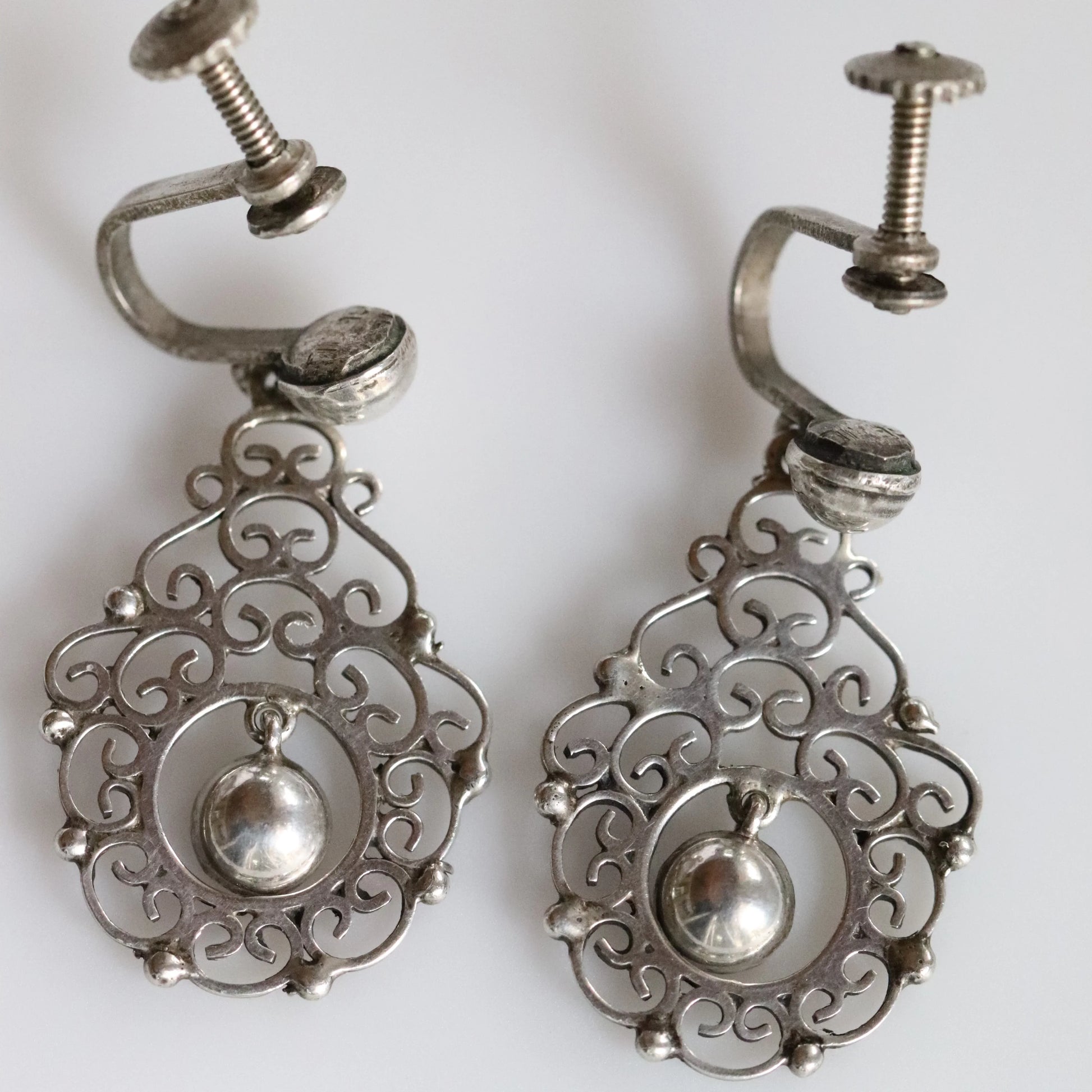 SOLD OUT: Vintage Modernist Silver Jewelry | Silver Ball and Lace Screwback Earrings - Carmel Fine Silver Jewelry