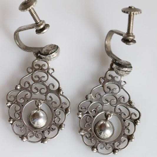 SOLD OUT: Vintage Modernist Silver Jewelry | Silver Ball and Lace Screwback Earrings - Carmel Fine Silver Jewelry