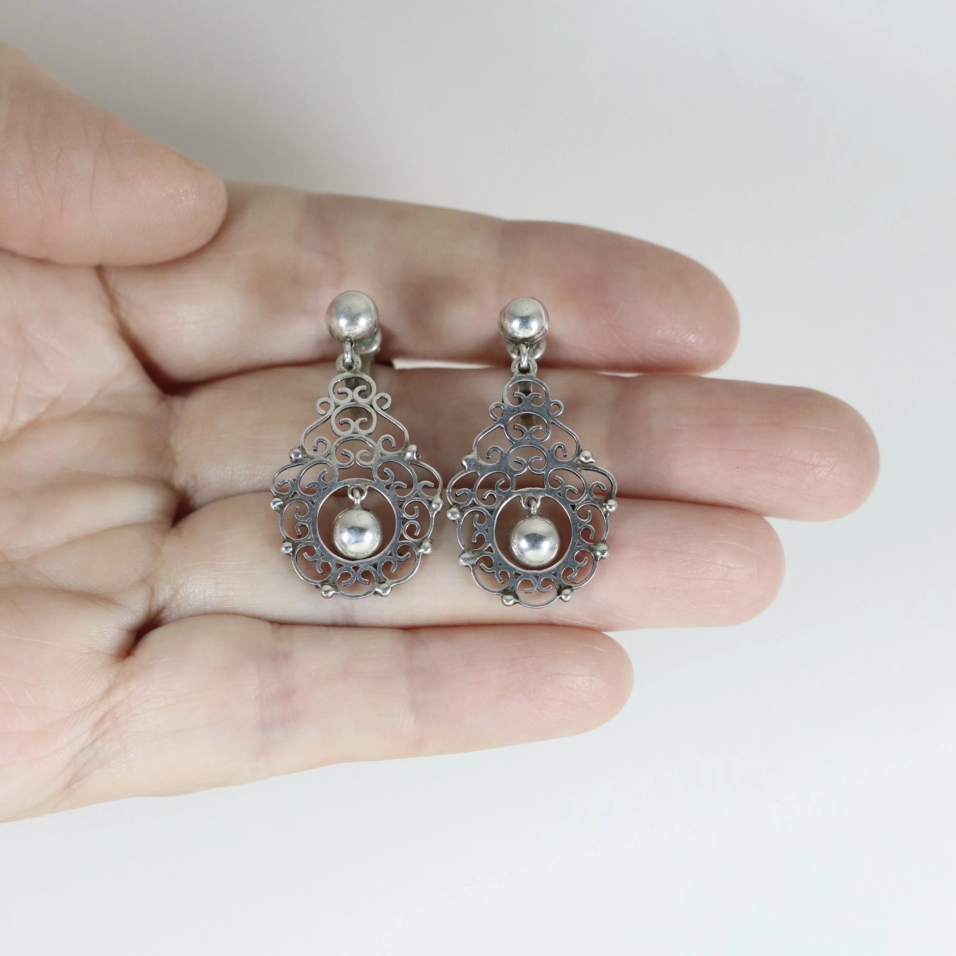 SOLD OUT: Vintage Modernist Silver Jewelry | Silver Ball and Lace Screwback Earrings - Carmel Fine Silver Jewelry