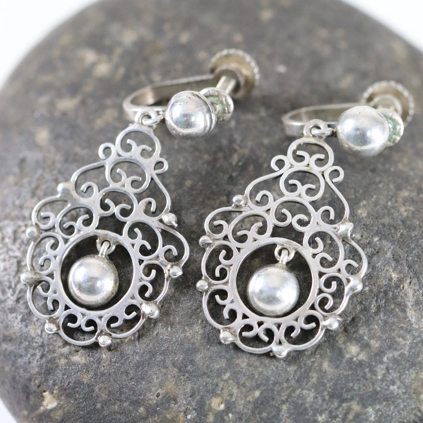 SOLD OUT: Vintage Modernist Silver Jewelry | Silver Ball and Lace Screwback Earrings - Carmel Fine Silver Jewelry