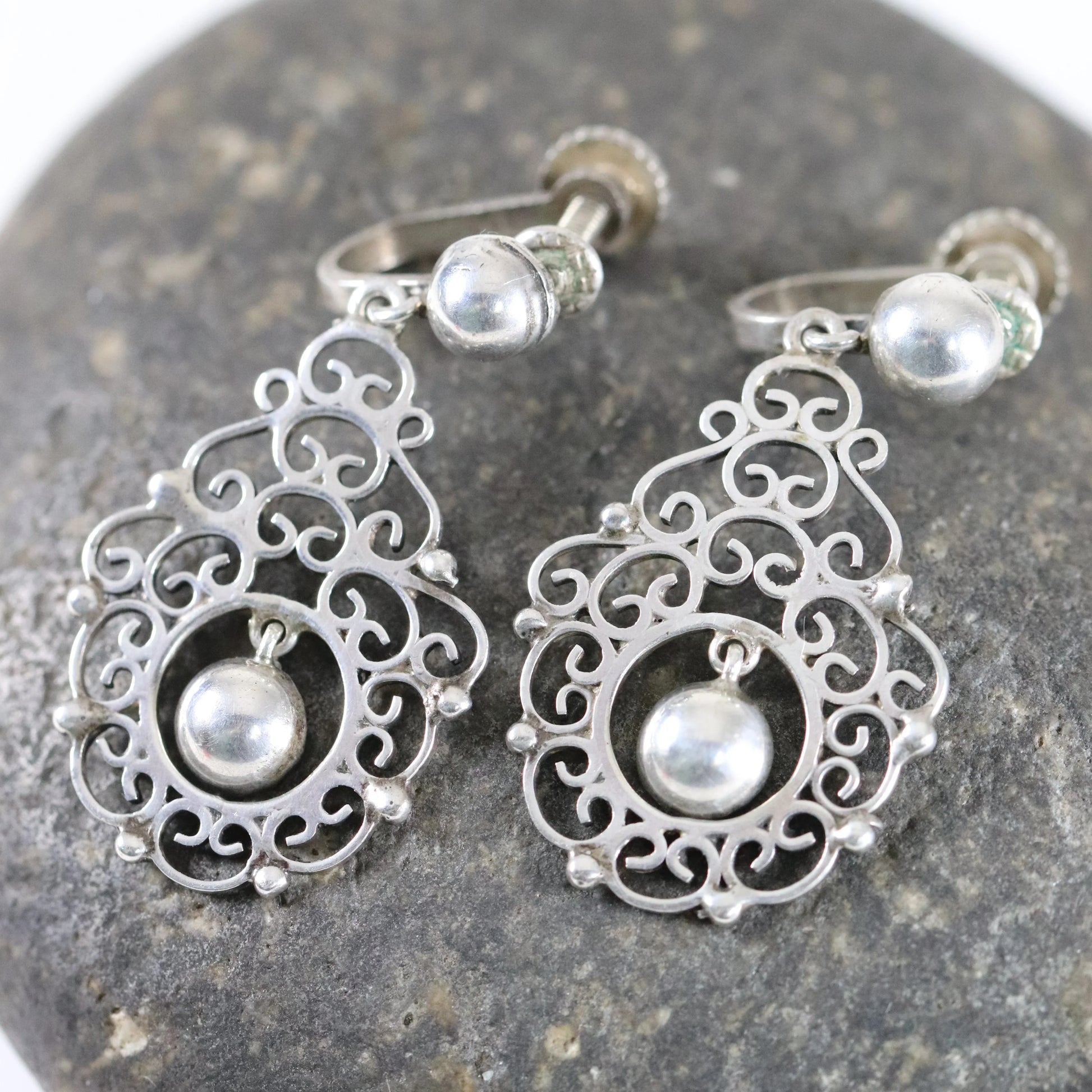 SOLD OUT: Vintage Modernist Silver Jewelry | Silver Ball and Lace Screwback Earrings - Carmel Fine Silver Jewelry