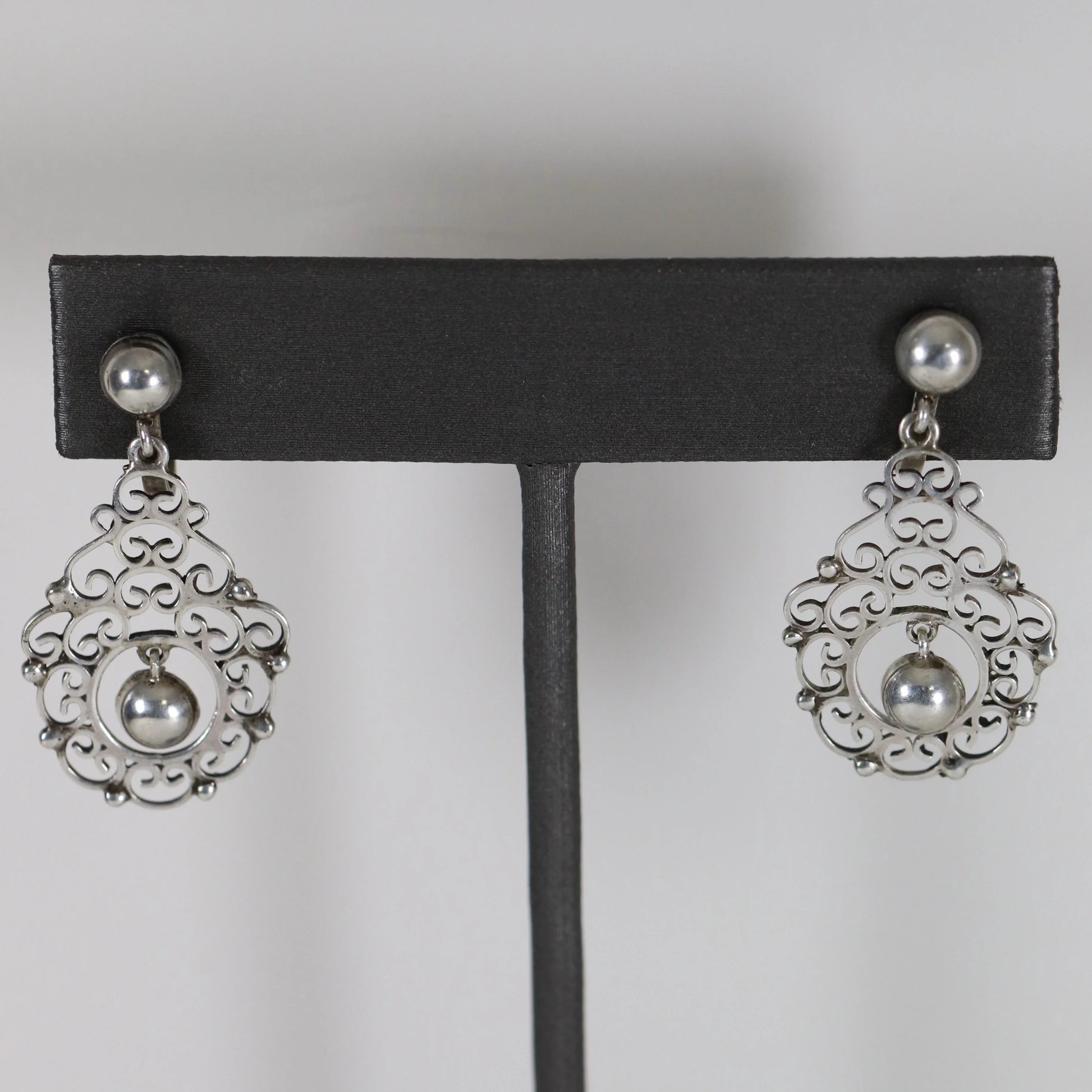 SOLD OUT: Vintage Modernist Silver Jewelry | Silver Ball and Lace Screwback Earrings - Carmel Fine Silver Jewelry