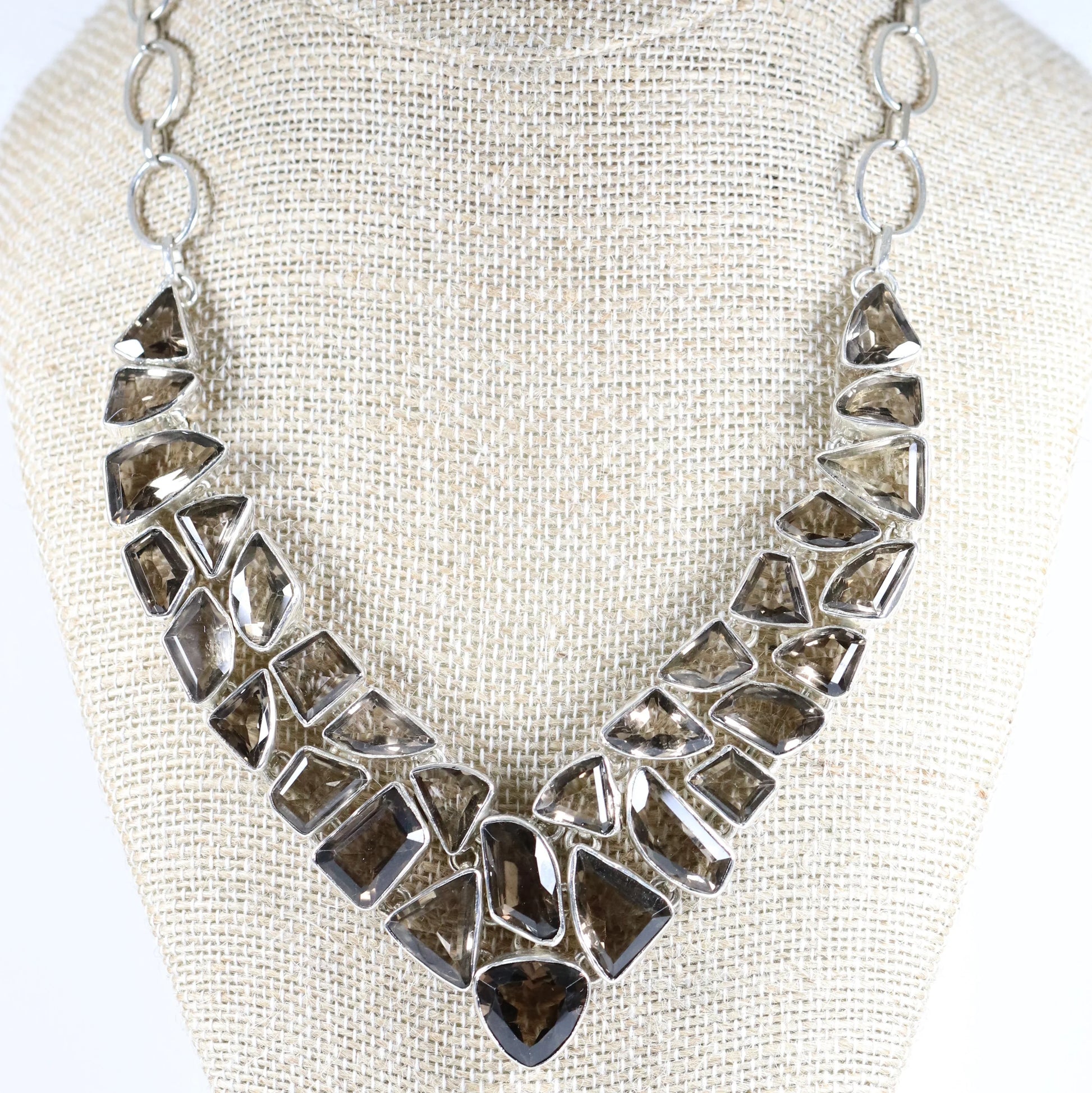 SOLD OUT: Vintage Modernist Silver Jewelry | Smoky Quartz Bid Statement Necklace - Carmel Fine Silver Jewelry