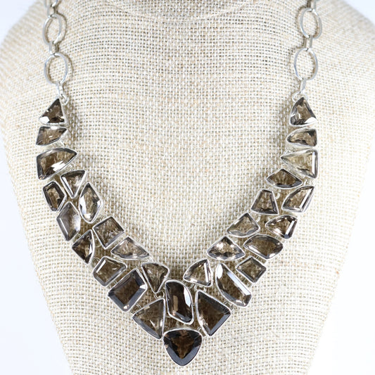 SOLD OUT: Vintage Modernist Silver Jewelry | Smoky Quartz Bid Statement Necklace - Carmel Fine Silver Jewelry