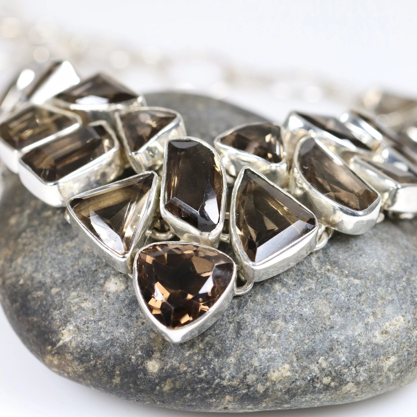 SOLD OUT: Vintage Modernist Silver Jewelry | Smoky Quartz Bid Statement Necklace - Carmel Fine Silver Jewelry